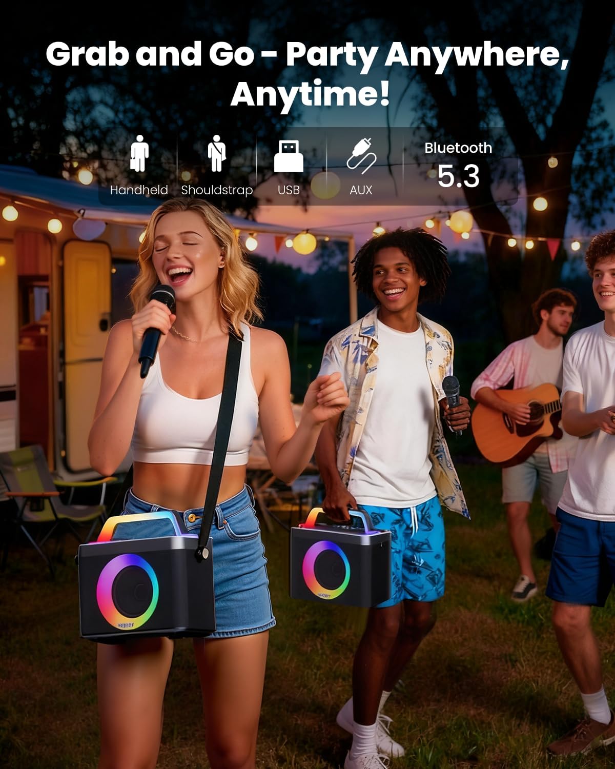 Portable Bluetooth Karaoke Machine for Adults & Kids - 2 Wireless Microphones, Shoulder Strap, Fun Voice Change, Support USB/AUX, for Outdoor Events Party Gifts