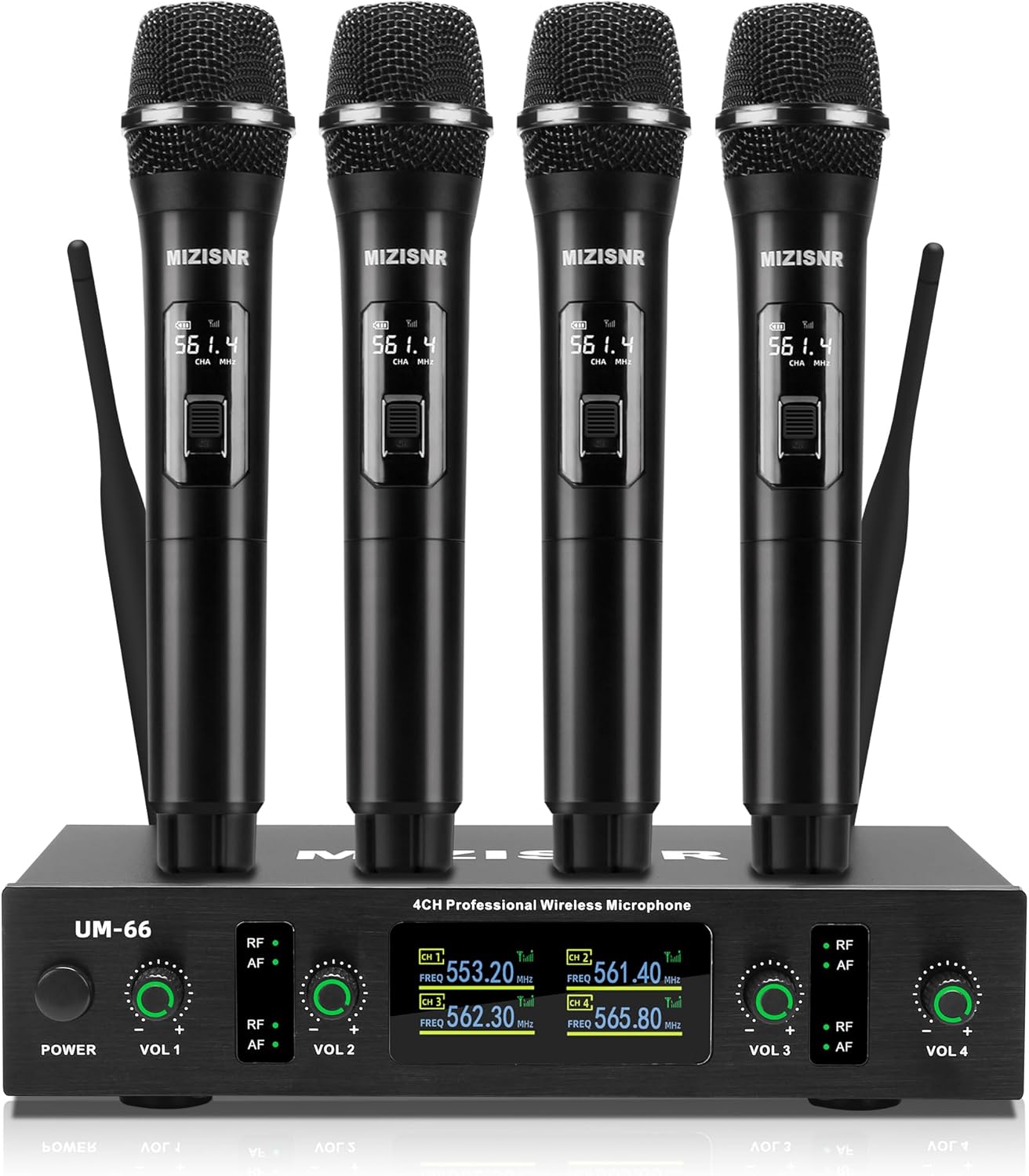 UHF Wireless Microphone Systems, 4 Channels Cordless Handheld Dynamic Karaoke Mic Set, Auto Connect 300ft Range Transmission for Singing, Karaoke, DJ Party, Church, Wedding, PA Speaker
