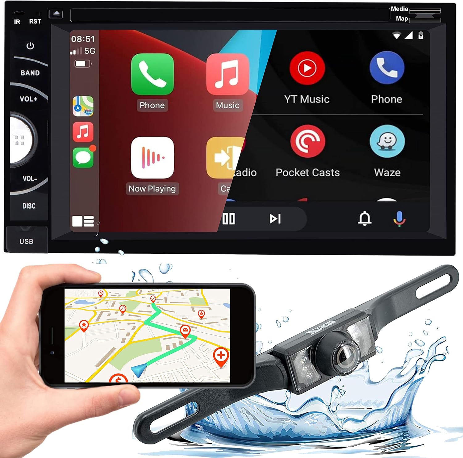 Gravity D96CP HiFi Audio Processor 6.5 Inch 1080P Touch Screen Navigation Car Stereo Work with DVD, CD, Apple CarPlay, Android Auto, Bluetooth, Mirrorlink, USB with HD Backup Camera PK2 Bundle