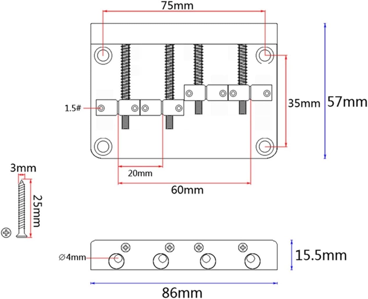 4 Strings Fixed Saddle Bridge Non-Tremolo Hardtail Bridge for Electric Bass Guitar Replacement Parts Electric Guitar Bridge