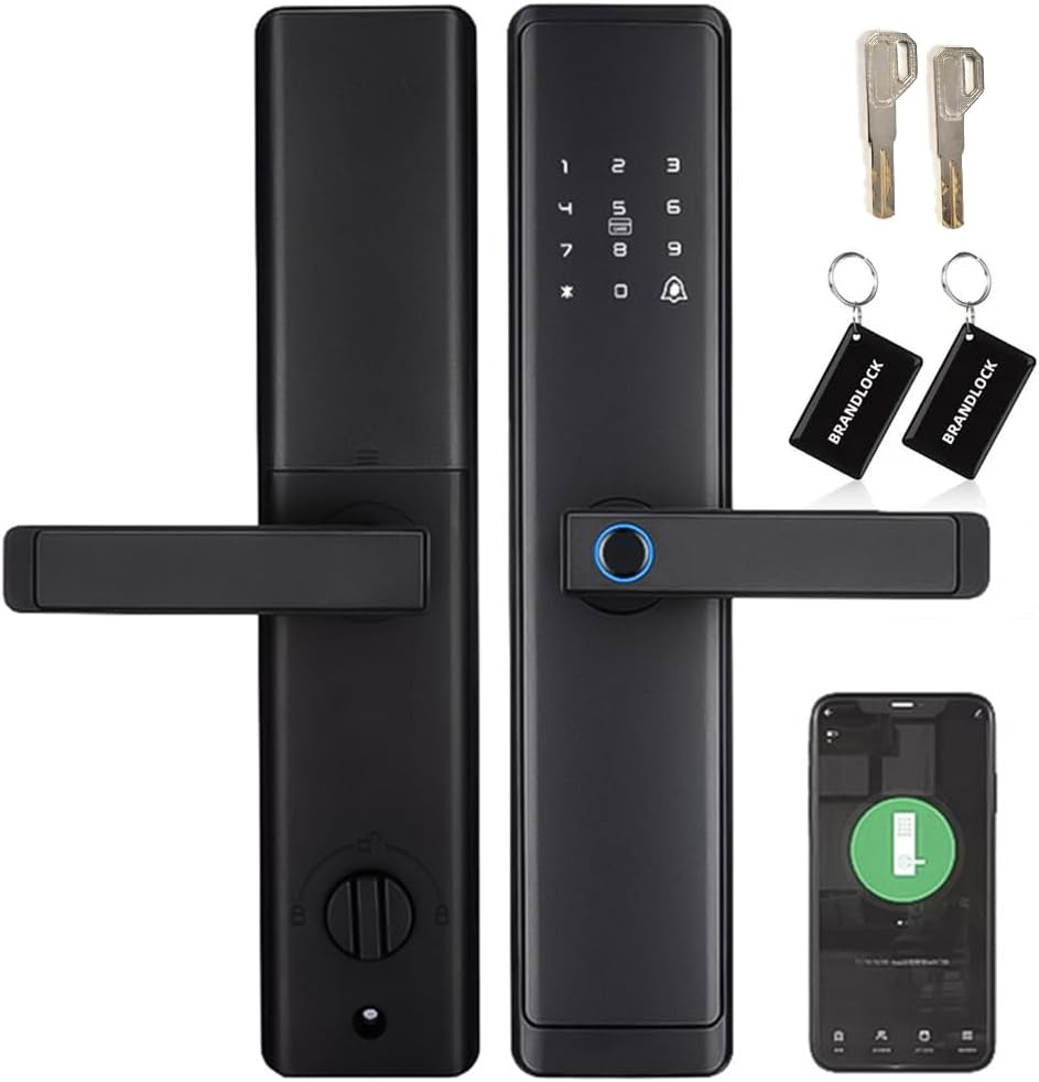 Sophies Keyless Entry Smart Lock with Handle, WiFi Door Lock, Tuya APP Control - Fingerprint Deadbolt with Keypad and Anti-Peeping Password Black