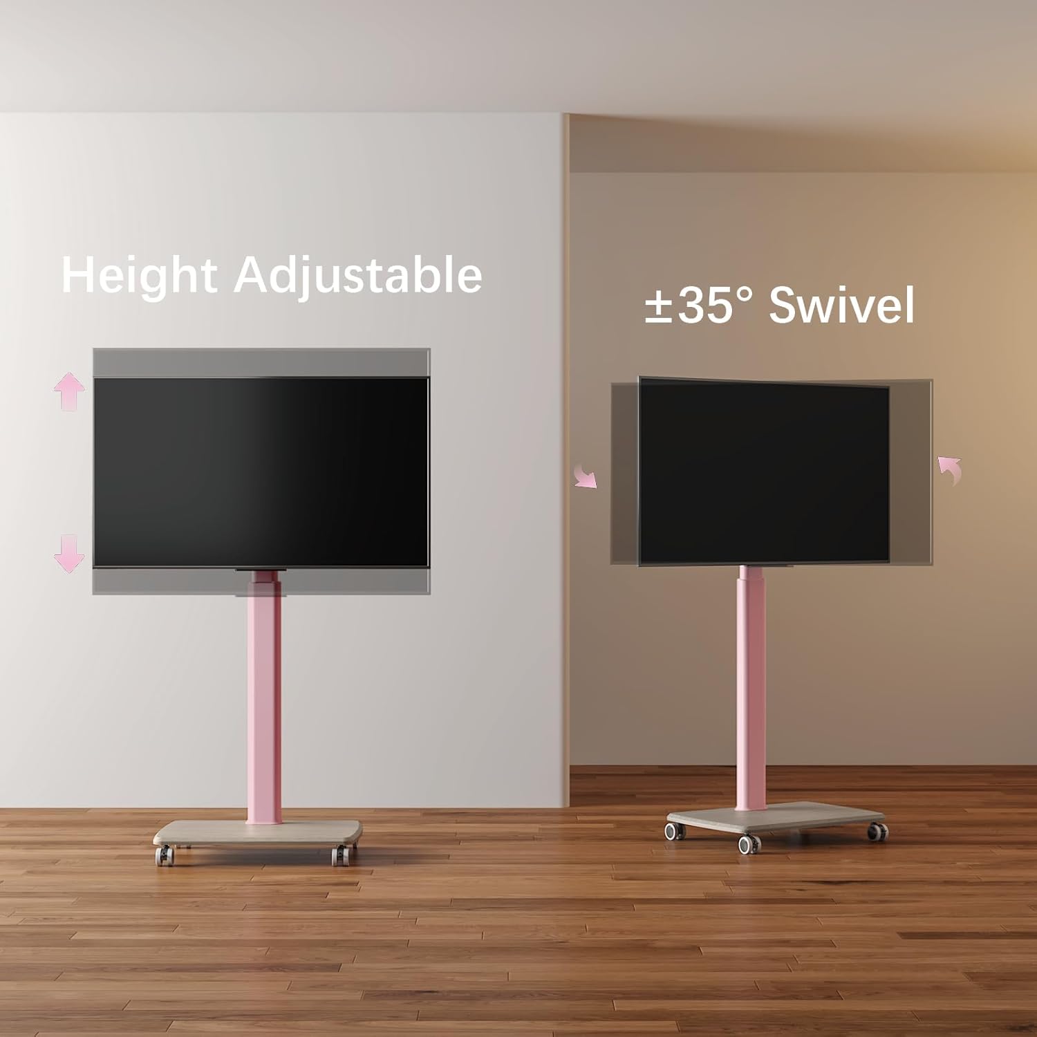 Pink Rolling TV Stand for 32 to 55 65 75 85 Inch TVs, Corner TV Floor Stand with Mount, Universal Portable Mobile TV Cart on Wheels, Small TV Stand for Bedroom, Living Room, Conference Room