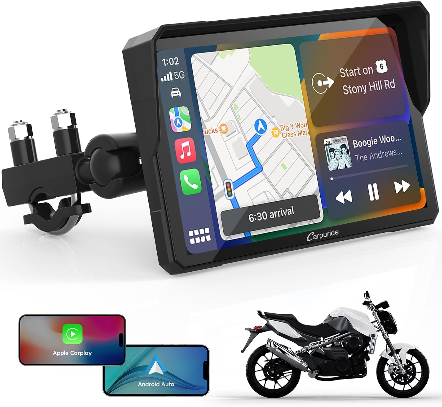 CARPURIDE W702 Motorcycle GPS Carplay Screen, Wireless CarPlay & Android Auto Car Stereo for Motorbike, 7