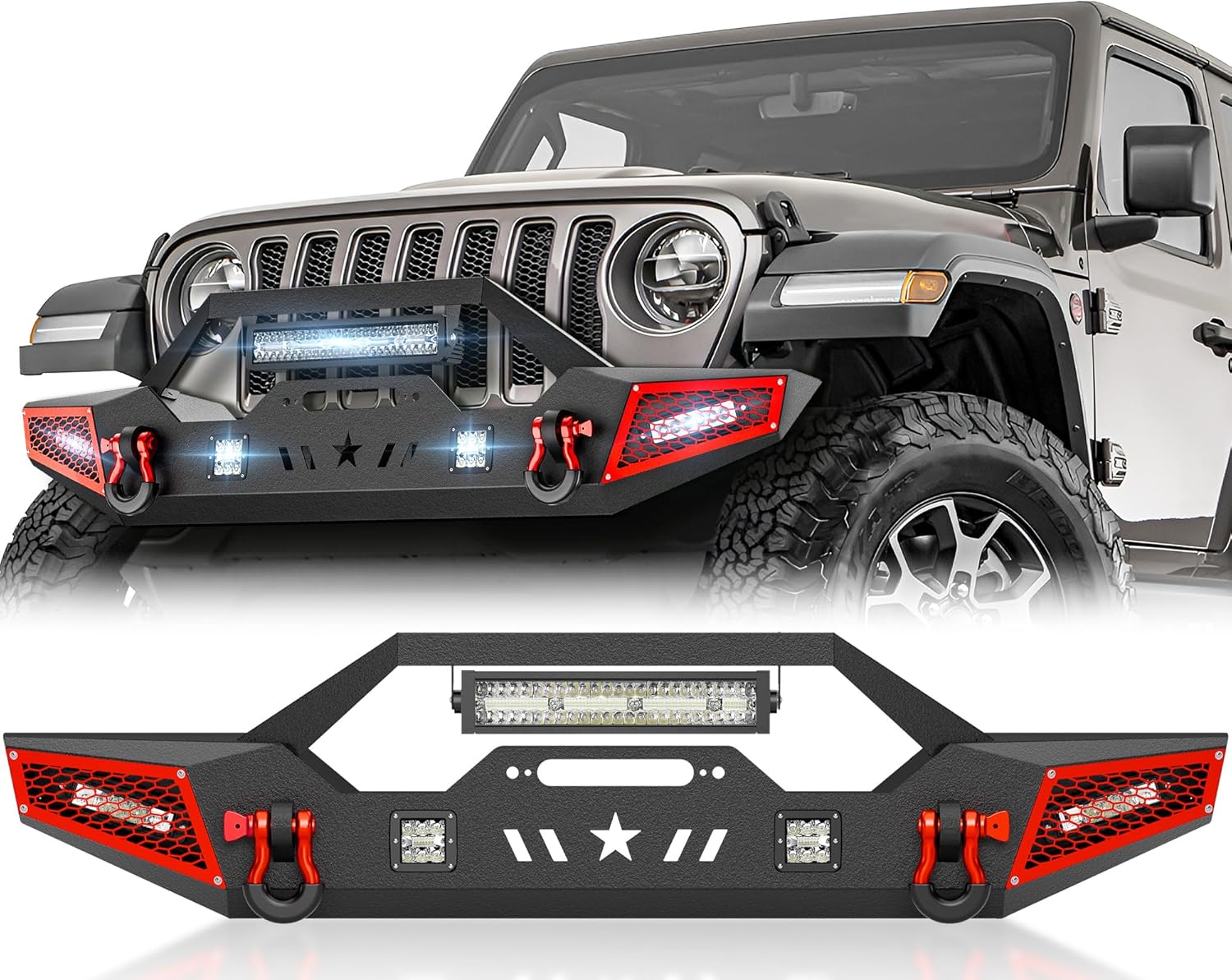 for JL Front Bumper Compatible with 2018 2019 2020 2021 2022 2023 2024 2025 2026 Jeep Wrangler JL JLU Unlimited Off-road Bumper with Winch Plate, Paintable Armor, LED Lights, D-rings (2/4 Doors)