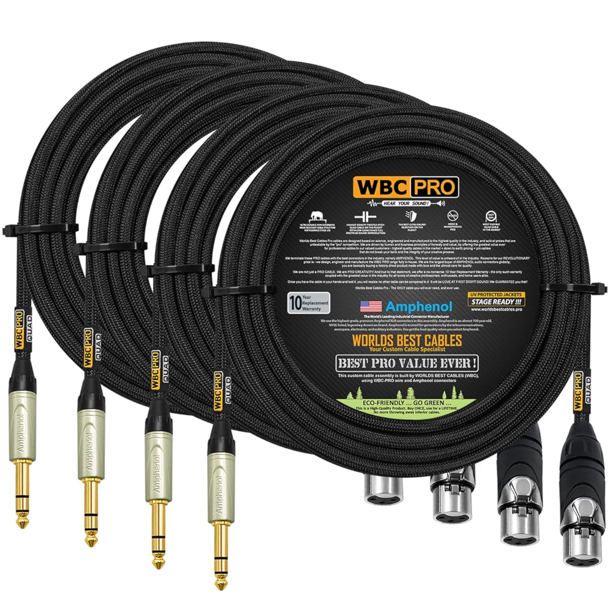 4 Units - 30 Foot - WBC-PRO-Quad Ultra-Silent Ultra-Flexible Balanced Star-Quad XLR to TRS Cable with Amphenol AXX3F Female XLR & QS3P-AU Straight TRS Stereo Phone Plugs - Black Tweed Jacket