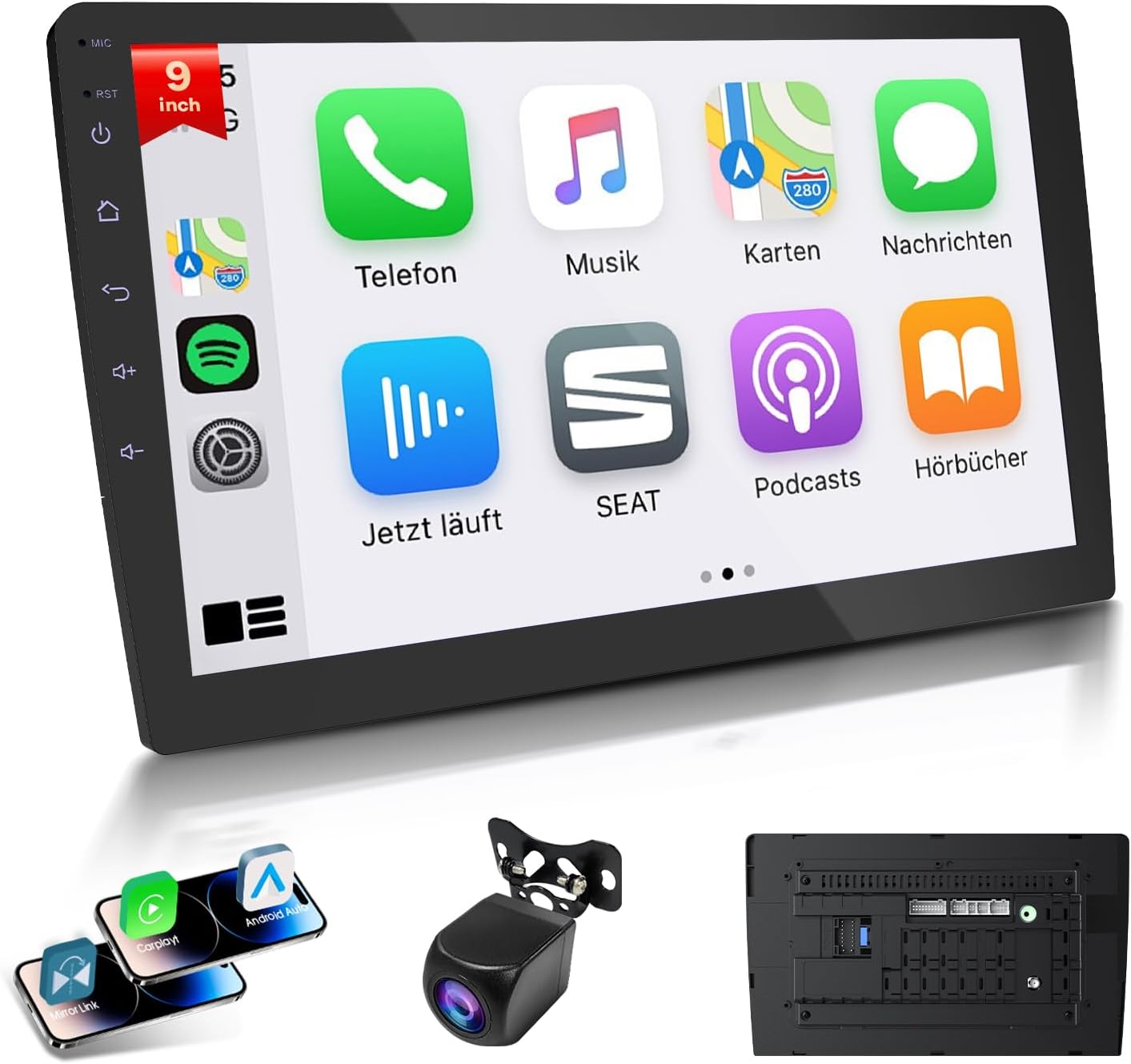 9 Inch Double Din Android Car Stereo with Wireless Apple CarPlay & Android Auto - 2GB RAM 64GB ROM, IPS Touchscreen, GPS Navigation, Bluetooth, Supports 720P AHD Backup Camera