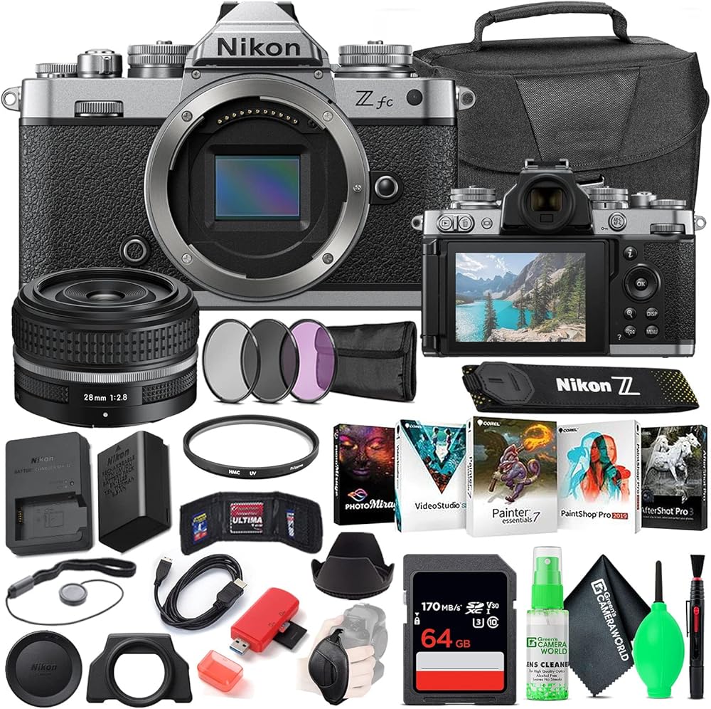 Nikon Z fc Mirrorless Digital Camera with 28mm Lens (Black, 1673) Bundle with 64GB Extreme PRO SD Card + Camera Bag + Editing Software + 4pc Filter Kit + Cleaning Kit + More