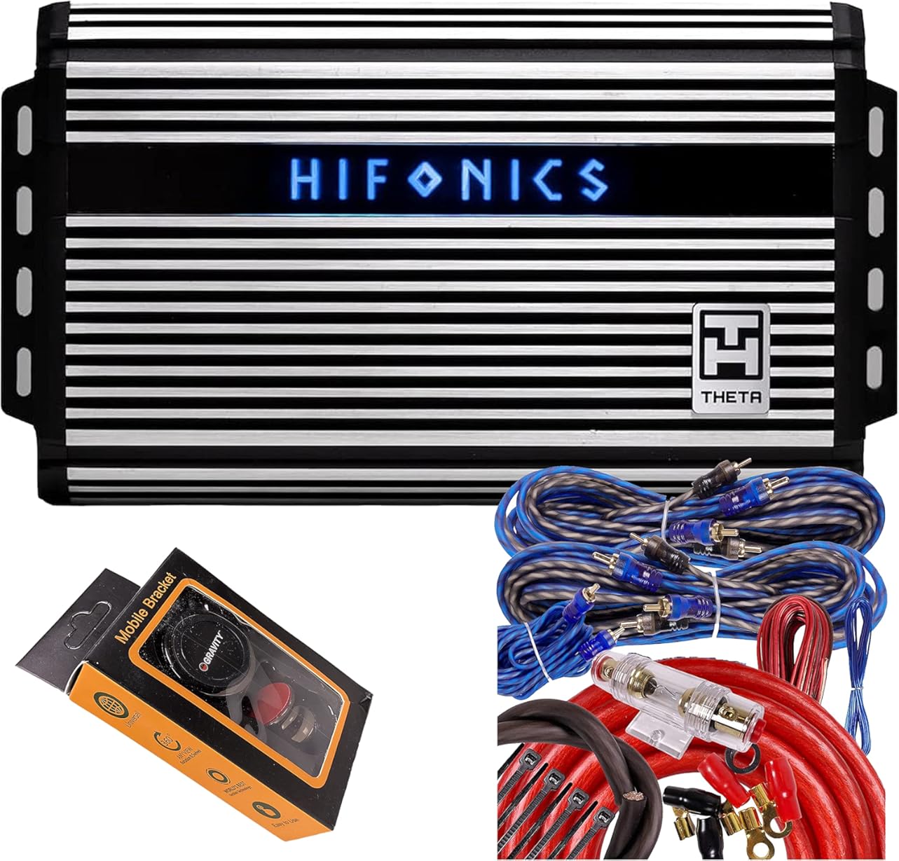 Hifonics ZTH-1625.5D Zeus Theta Compact Five Channel Car Audio Amplifier (Silver) – Class D Amp, 1600-Watt Bridgeable, Bass Remote Included with Gravity Phone Holder and 4 Gauge Amp Kit Red Bundle