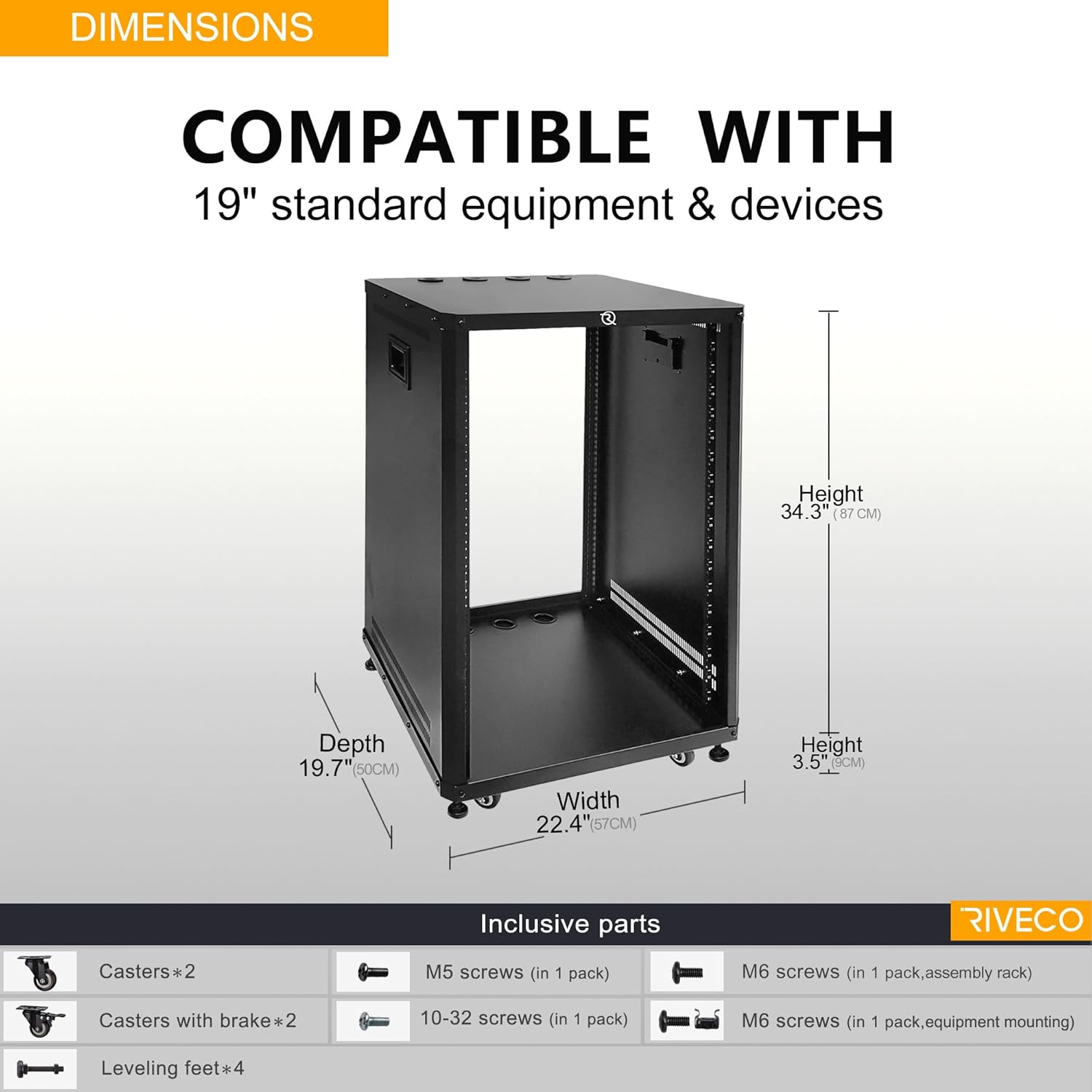 RIVECO 18U Stereo & Server Rack with Caster Wheels, Rolling Network Cabinet, Open Frame Rack for 19 inches Audio Video Music Recording & IT Equipment, Obtuse Angel & 10-32 Screws 100 PCS