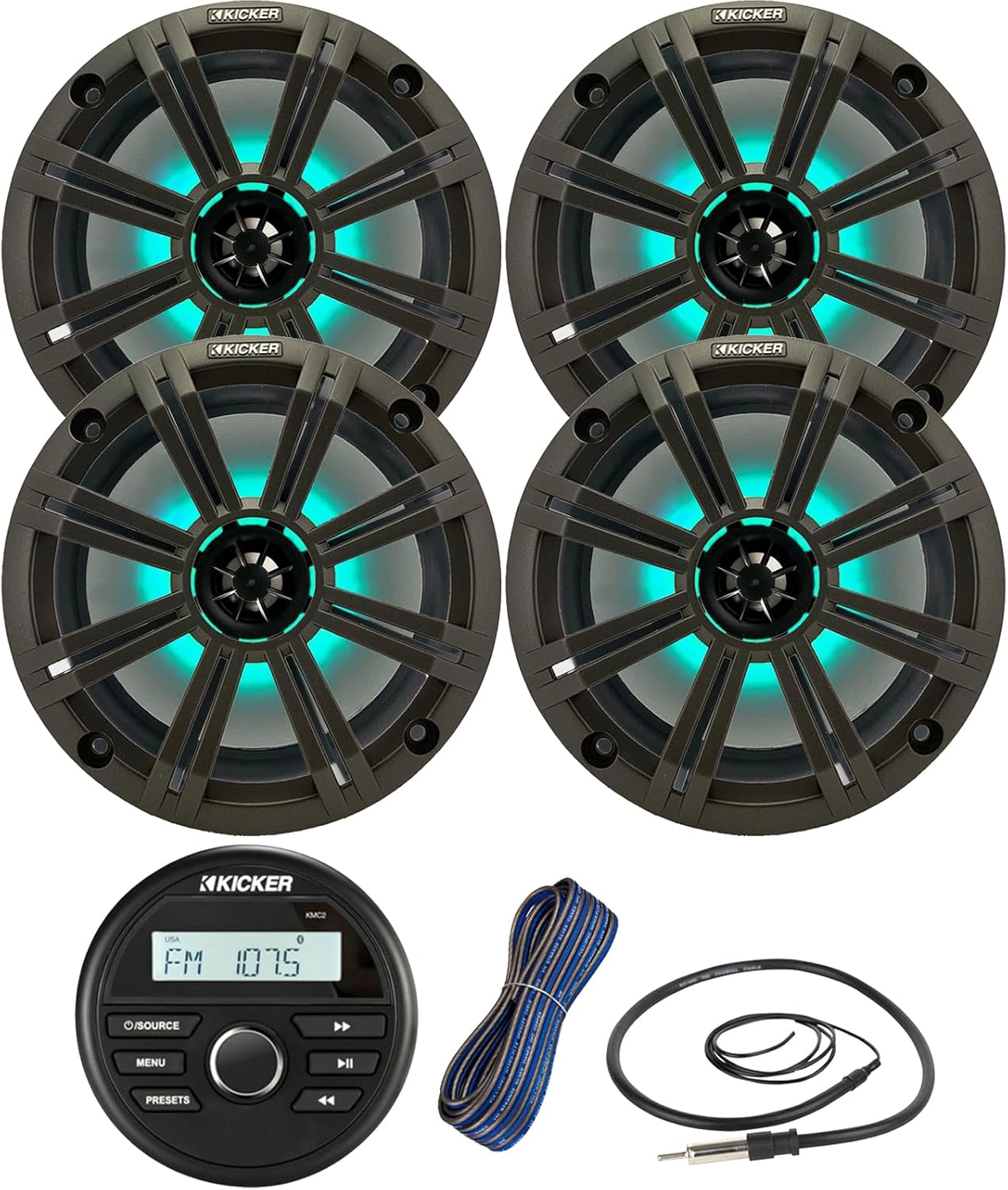 Kicker All-Weather Marine Gauge Style Bluetooth USB Stereo Receiver Bundle Combo with (Qty 4) 8