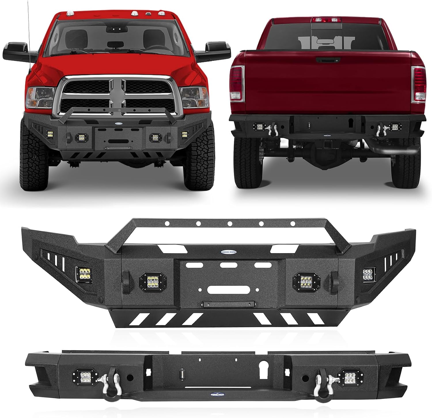 Hooke Road Ram Front and Rear Bumper Set for 2010-2018 Dodge Ram 2500 3500 Pickup Truck, Heavy Duty Steel Offroad Bumpers with Winch Plate, LED Lights, D-rings, Bull Bar
