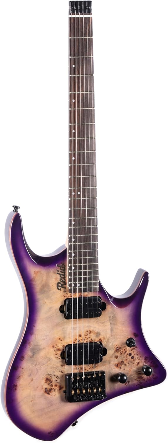 Redid Headless Electric Guitar 6 String Mahogany Body Burl Wood Top, Maple Neck Rosewood Fretboard, 24 Frets 25.5