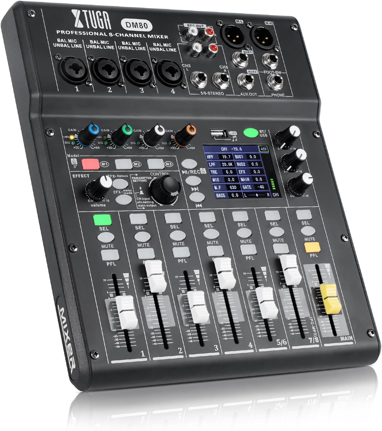 XTUGA Digital Mixer Multitrack Recorder, Mixing Board USB Audio Interface, 8 Channel Mixer for Podcast Recording Studio (DM80)