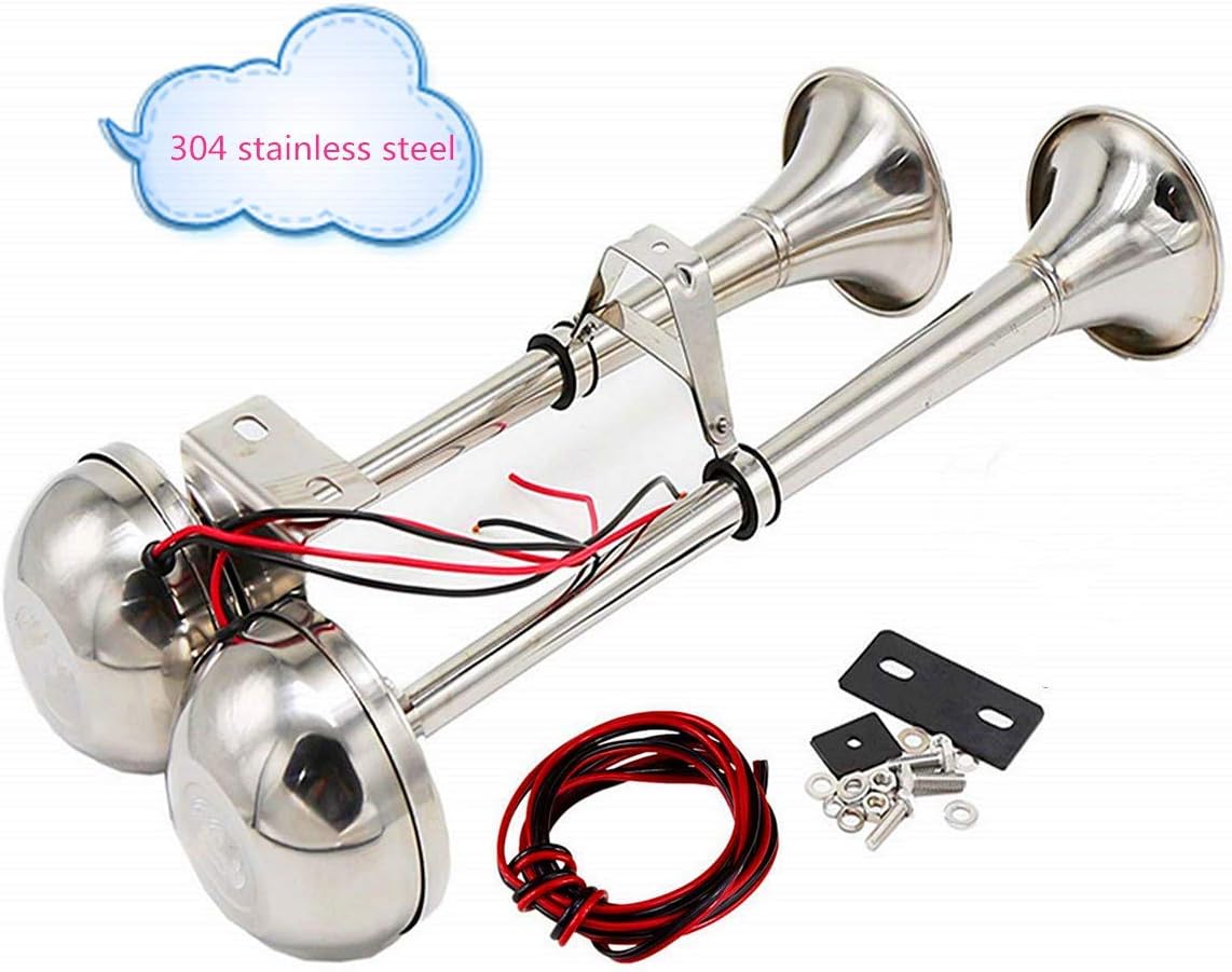 Electric Car Horn 150DB Bugle Loud Speaker - Marine Stainless Steel Double Horn 304 for 12V Cargo Wheel Ship Trucks Vans Trains Boats