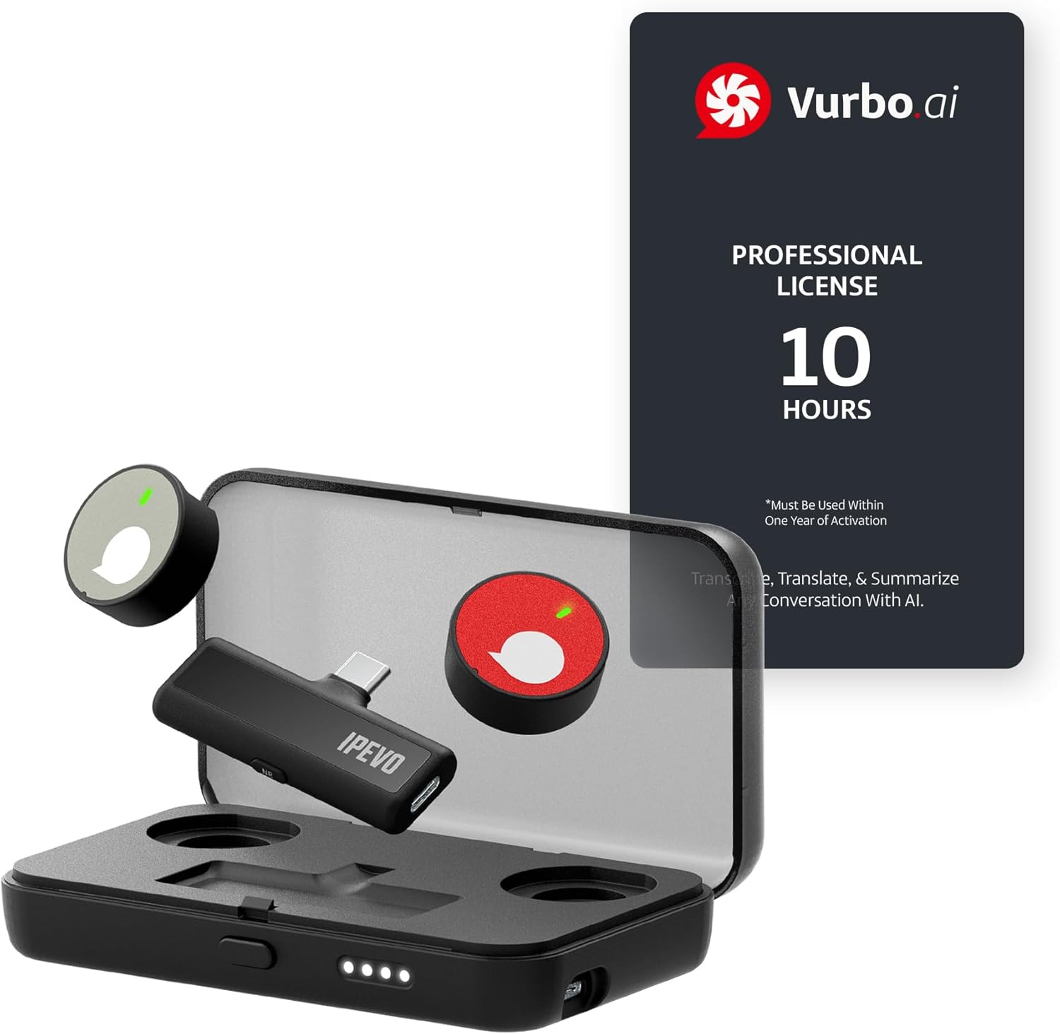 IPEVO VOCAL WEARABLE Wireless Lavalier Microphone with Charging Case + Software, Plug-Play, AI Real-Time Notetaker, Summarize, Translate (90+ Languages), Voice Recorder for Lectures, Meetings, Seminas