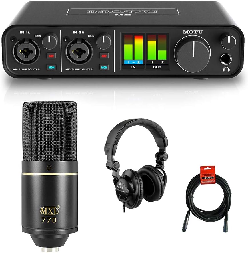 Motu M2 2x2 USB Audio Interface with MXL 770 Cardioid Microphone (Black), HPC-A30 Studio Monitor Headphones & XLR Cable Bundle