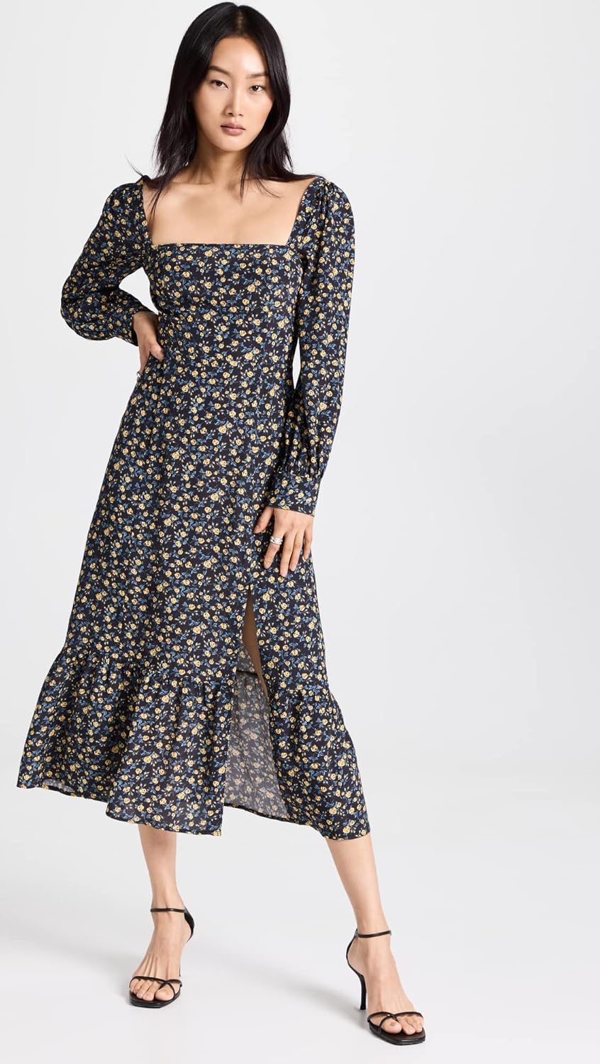 PAIGE Women's Bacari Long Sleeve Midid Dress with Smocking in The Back in Black Multi