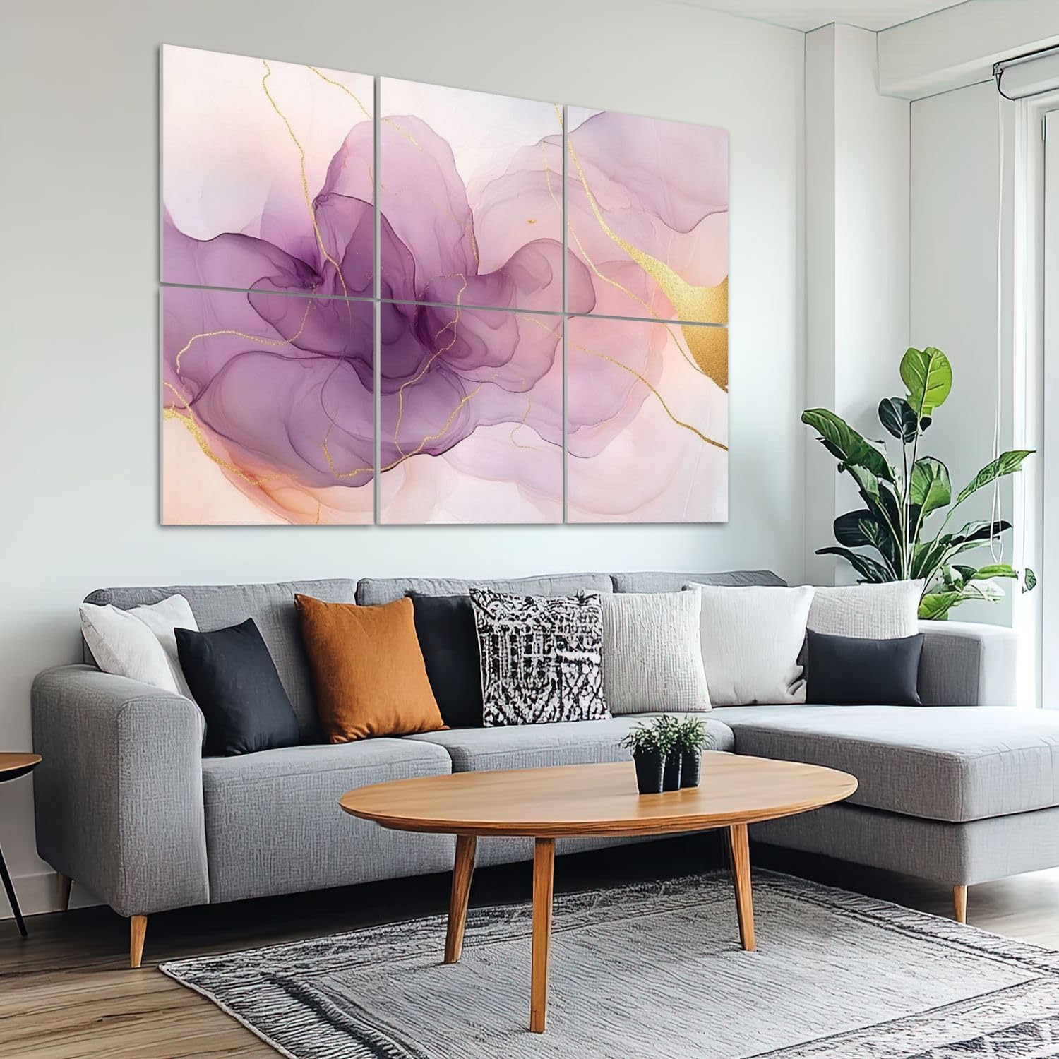 6 Pack Art Acoustic Panels Sound Absorbing White Marble Abstract Art Purple Swirls Gold Accents Delicate Lines Decorative Soundproof Wall Panels Self Adhesive for Recording Studios Office 72