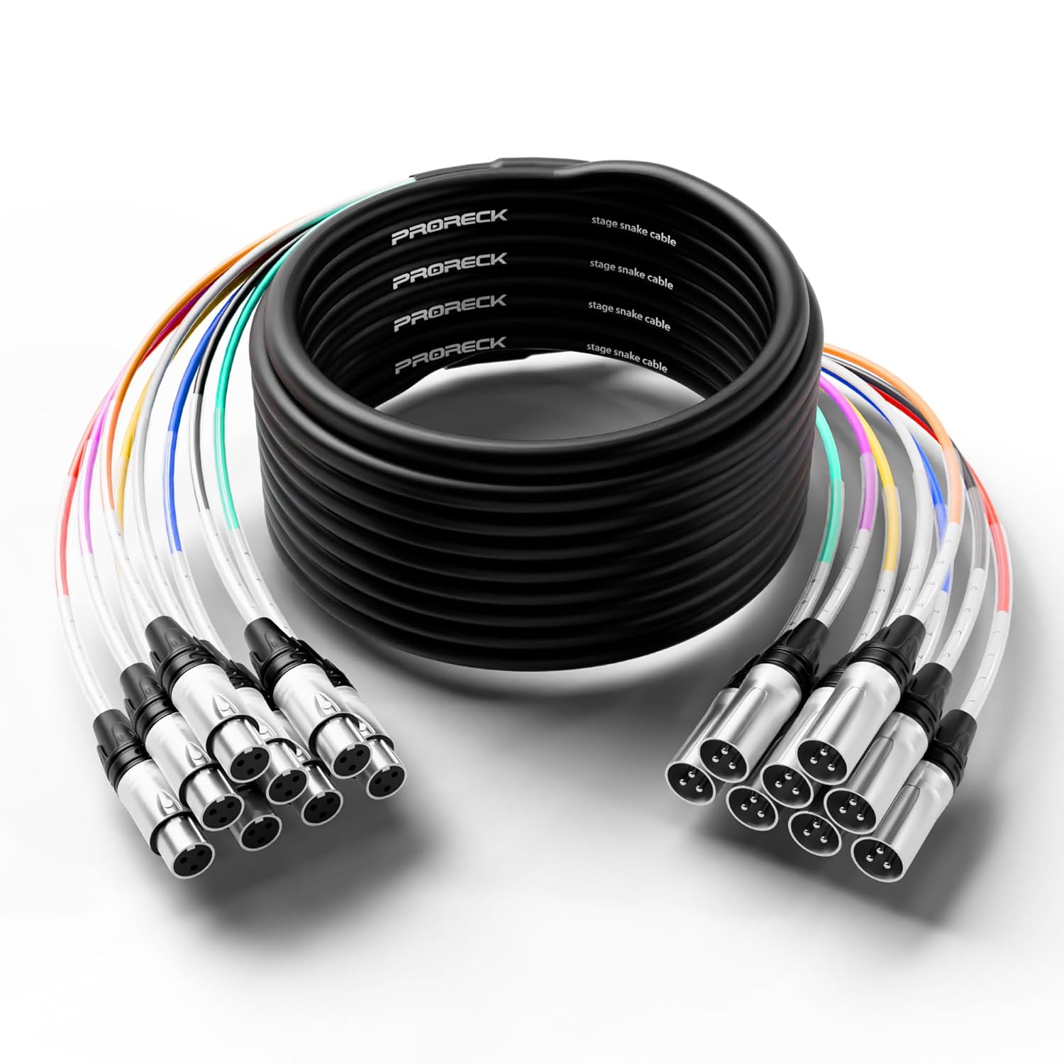 PRORECK 50ft Snake Cable, 8-Channel Shielded Audio Cable XLR Male to XLR Female, with Color-Marked Connectors for Professional Stage, Studio, and Live （PR-XLR/XLR-8 * 50）