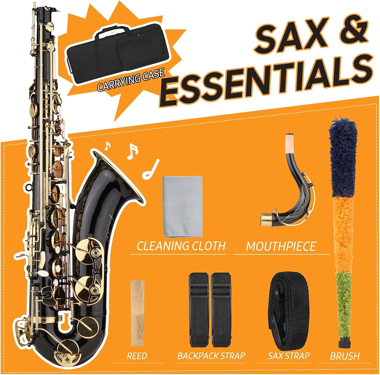 B- Flat Tenor Saxophone Bb Black Lacquer Sax with Instrument Case Mouthpiece Reed Neck Strap Cleaning Cloth Brush Student Saxophone