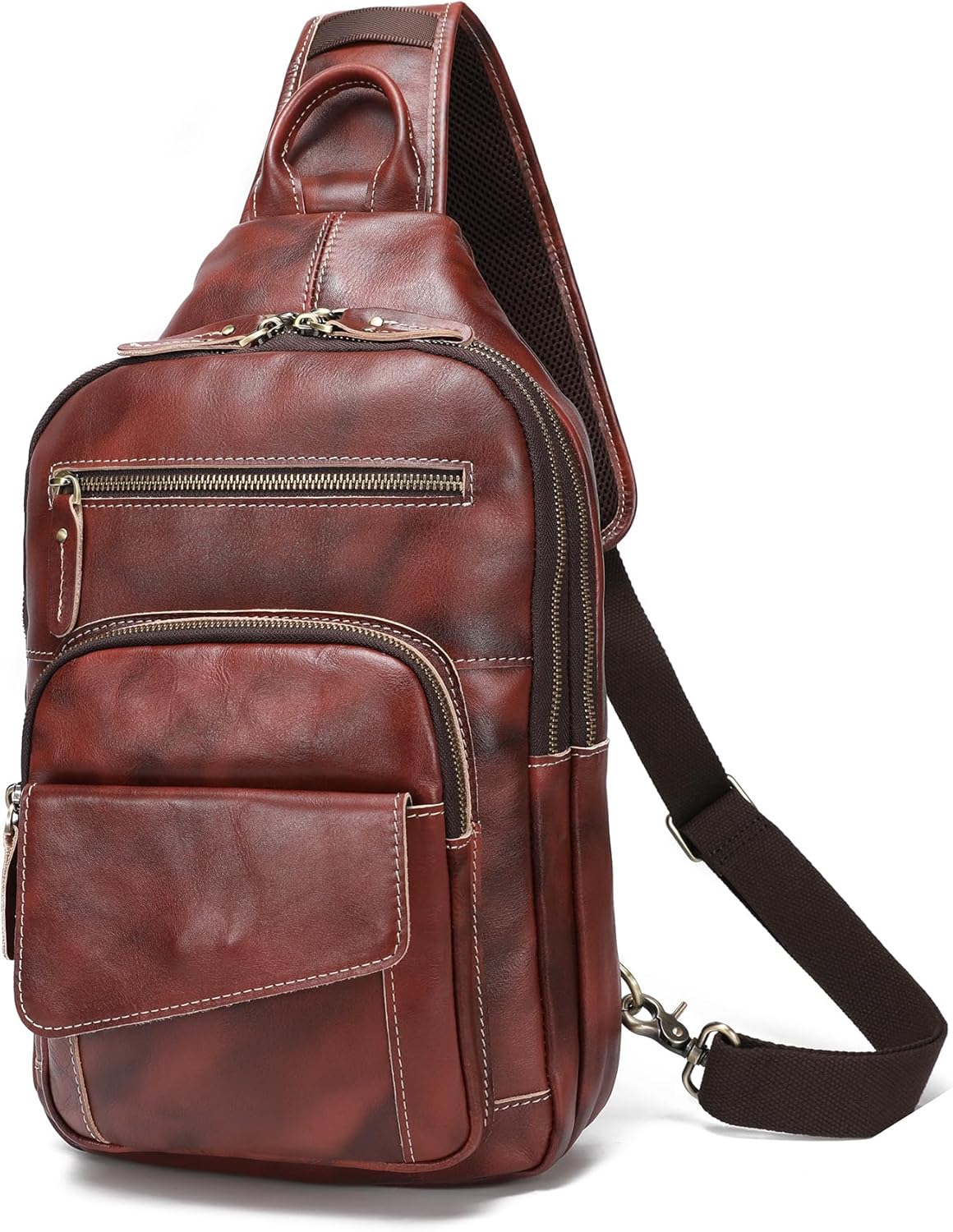LANNSYNE Full Grain Leather Casual Sling Bag For Men Hiking/Travel/Business Crossbody Chest Bag Fits 12.9