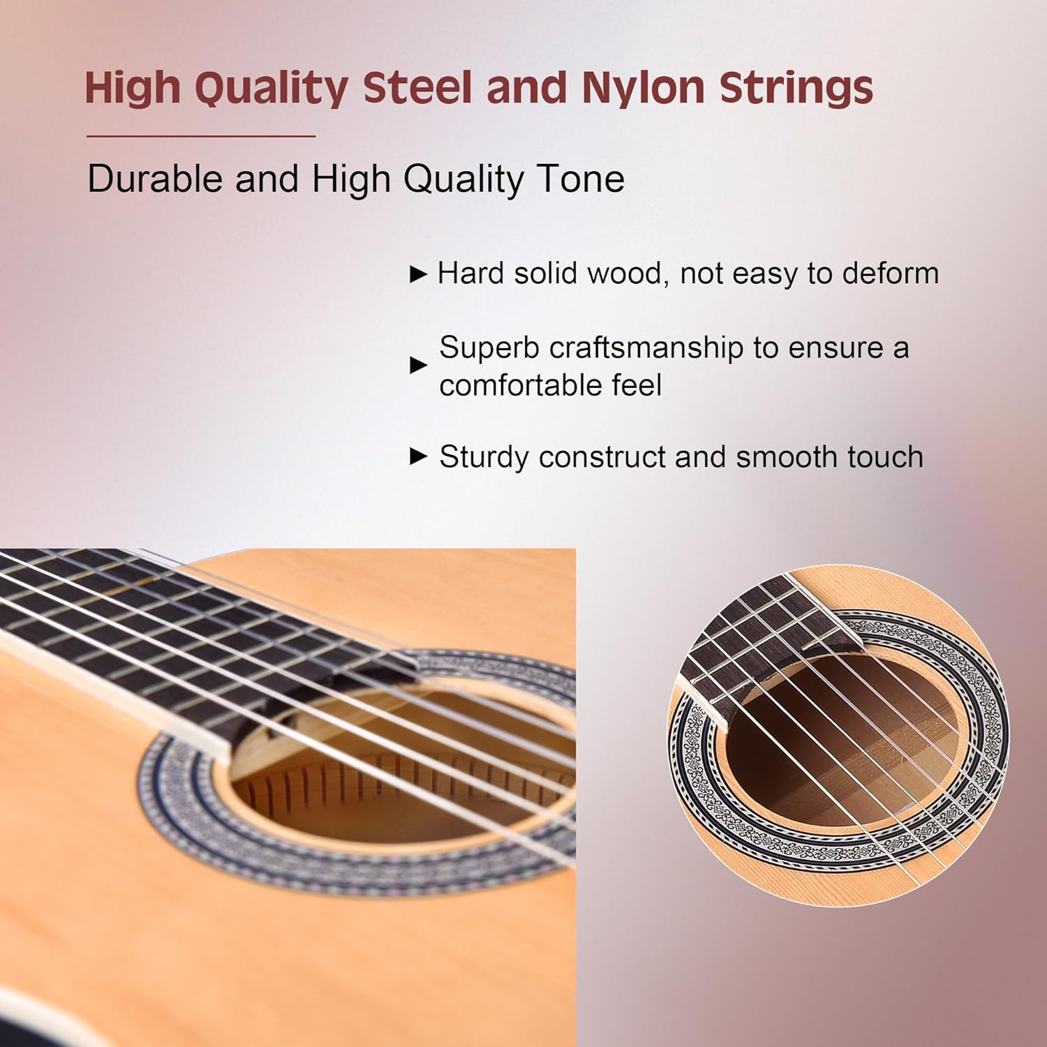 ADM Full Size Classical Nylon Strings Acoustic Guitar 29 x 75x 50mm Classic Guitarra Starter Bundle for Adult with Free Lessons, Gig Bag, Tuner, Footstool, Kids Student Beginner Kits, Nature