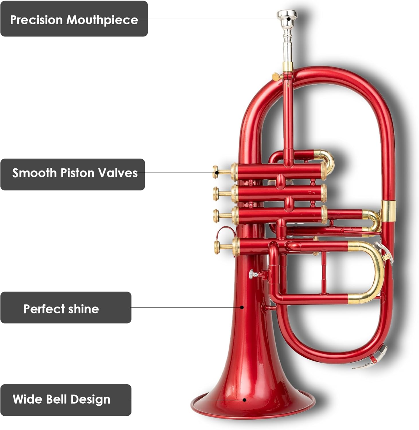 4-Valve Flugelhorn in Bb/F Pitch – Colored Finish with Mouthpiece & Case | Brass Flugel Horn for Jazz, Orchestras & Brass Bands, Red