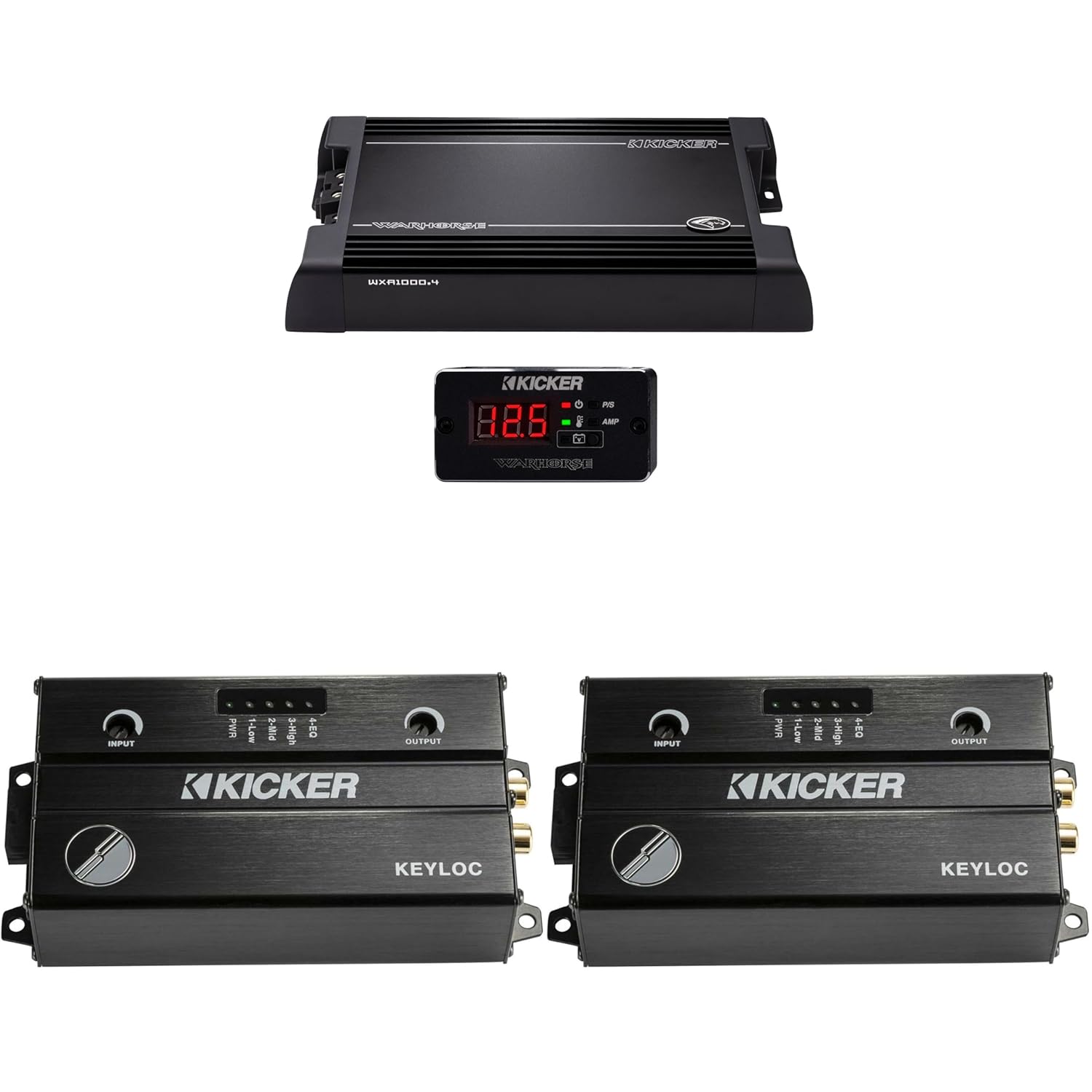 Kicker Warhorse 49WXA1004 4 Ch. Amp 2000 Watts & (2) KEYLOC Smart Line Output Converter Bundle