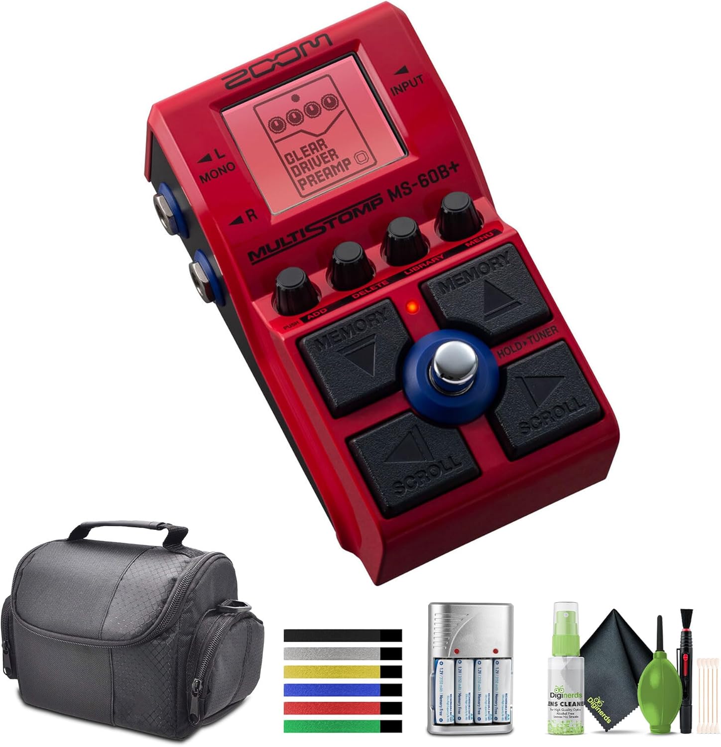 Zoom MS-60B+ MultiStomp Bass Effects Pedal with 95+ Effects Featuring Amp Models For Electric Bass Guitar Bundle With 4xAA WITH CHARGER + Cleaning kit + Straps + Travel Bag