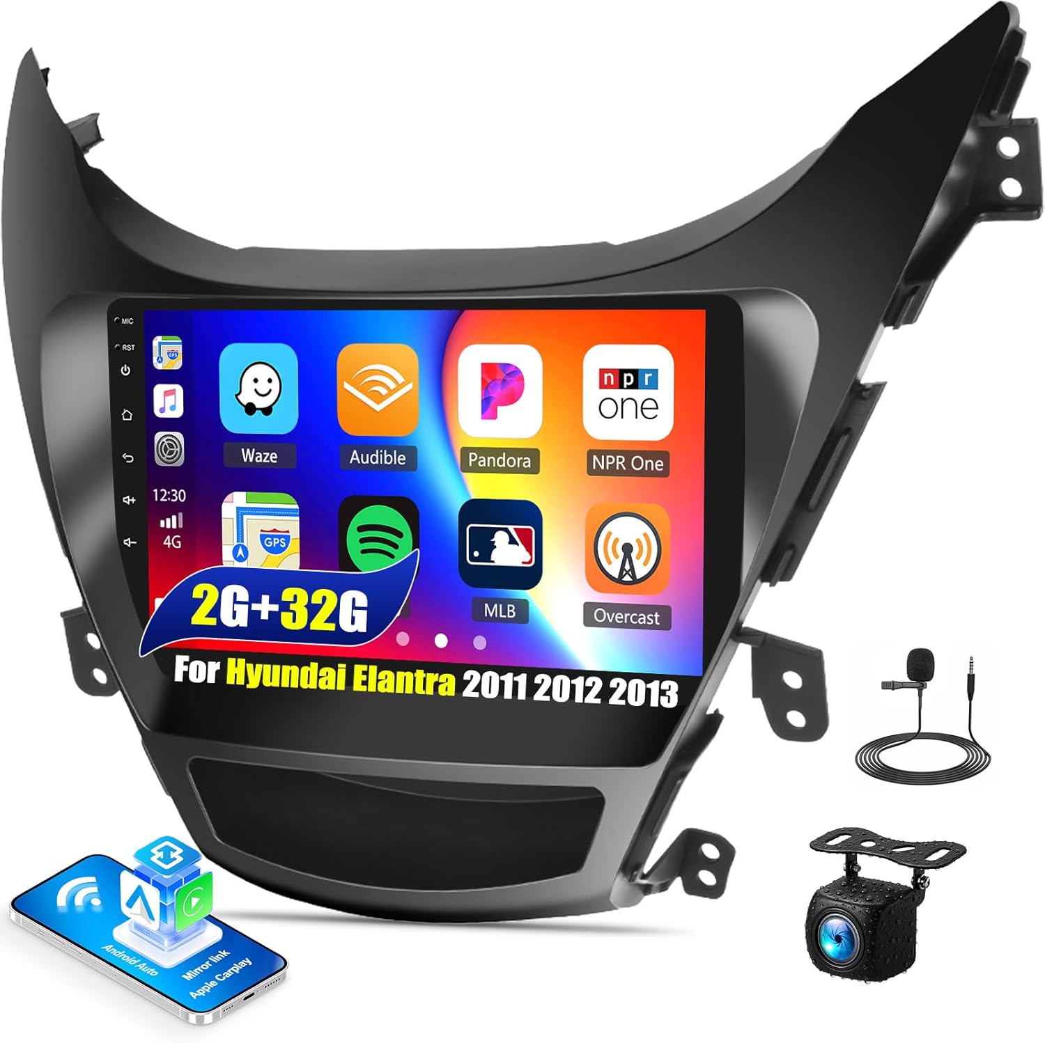 Android Car Stereo for Hyundai Elantra 2011 2012 2013 Wireless Carplay Android Auto with 9'' Touch Screen WiFi GPS Navigation FM/RDS DSP/EQ SWC AHD Backup Camera