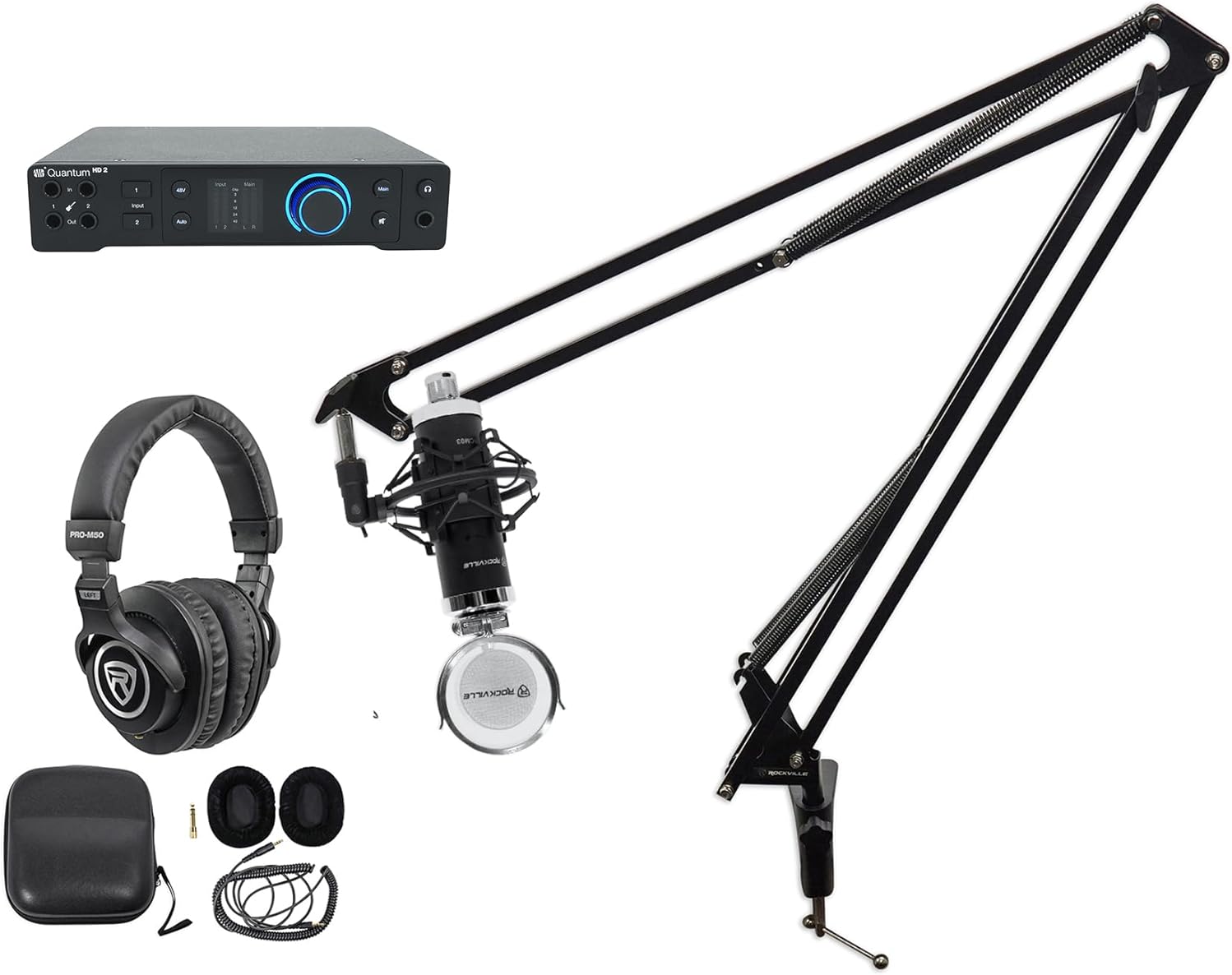 Audiosavings Bundle: (1) Presonus Quantum HD2 20 x 24, 32-bit / 192 kHz USB-C Audio Recording Interface Bundle with (1) Rockville RCM03 Microphone+PRO-M50 Headphone+DMS40 40