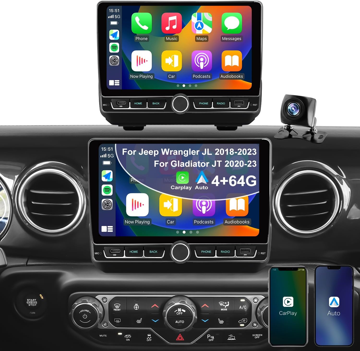 4G+64G 5GWiFi6 Upgrade Car Radio for Jeep Wrangler JL 2018-2023, Gladiator JT 2020-2023, 9in HD Touch Screen Stereo Raplacement Wireless Carplay Android Auto Fast Charging Camera Bluetooth GPS FM RDS