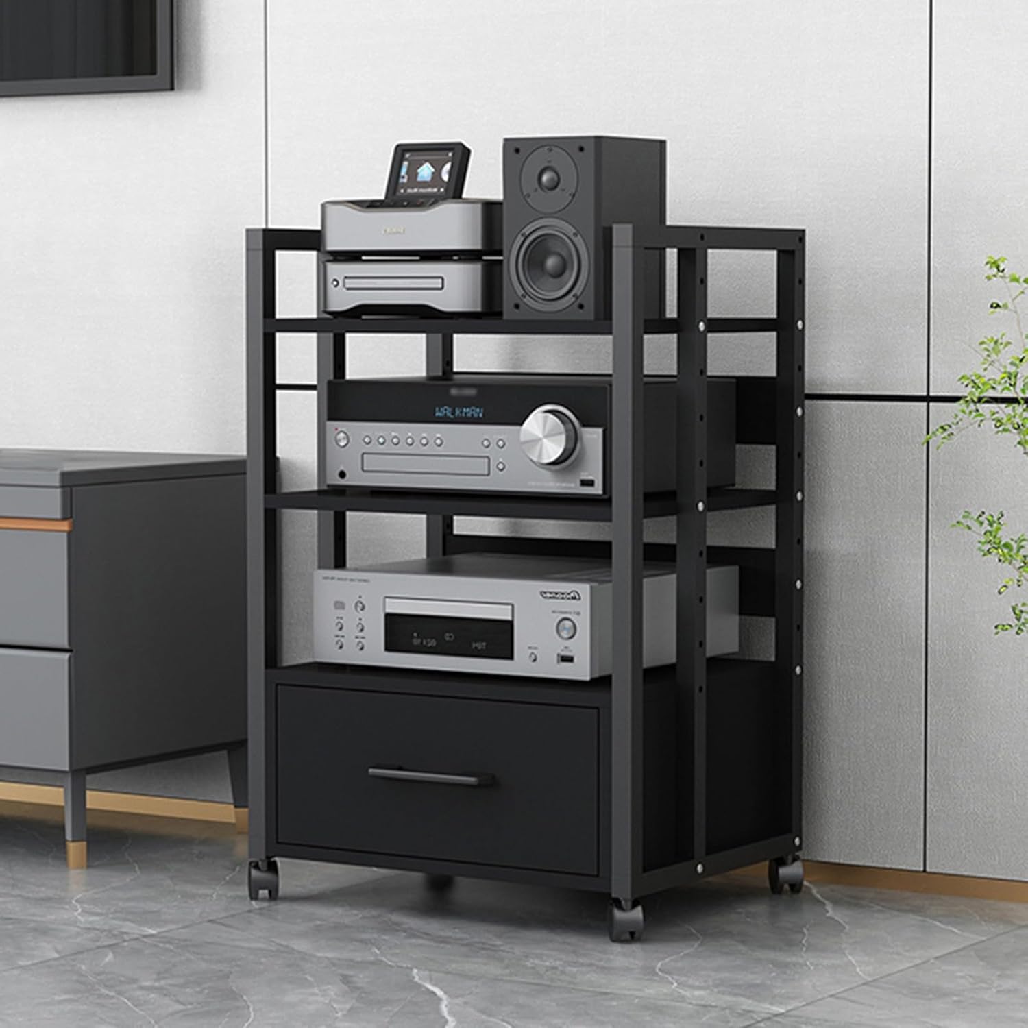 Movable Media Stand 3-Tier AV Media Stand TV Corner Shelf with Storage Drawer, Living Room CD Player Stand Audio Rack Tower (Color : C-1)