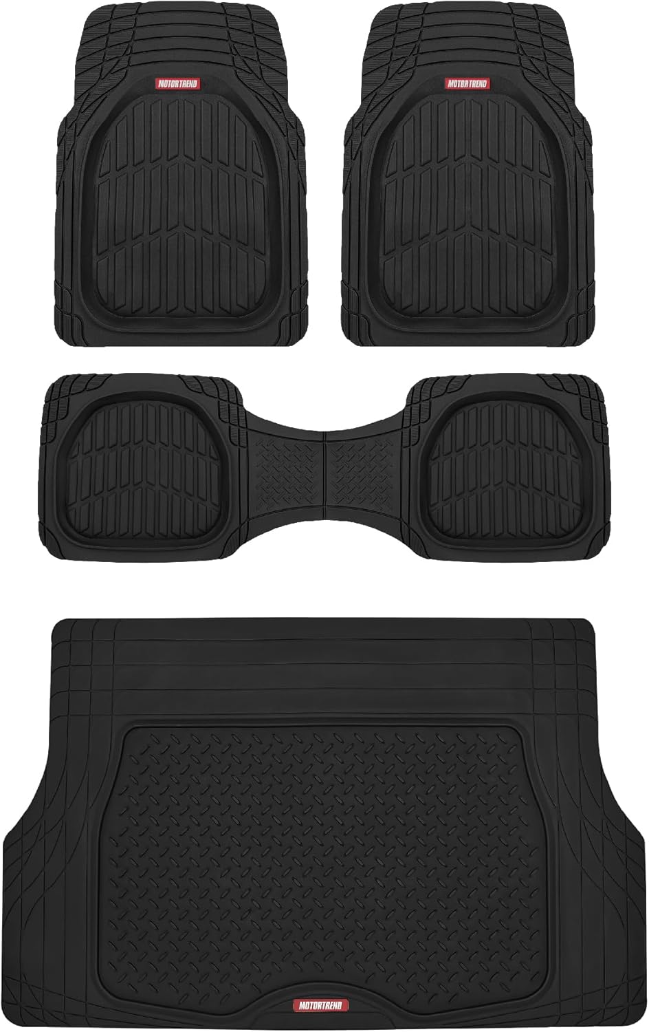 Motor Trend FlexTough 4-Piece Heavy Duty Floor Mats for Cars Trucks SUVs, Automotive Floor Mats Car Mats Full Set Front, Rear & Cargo, Trim-To-Fit Semi-Custom Deep Dish All Weather Rubber Mats - Black