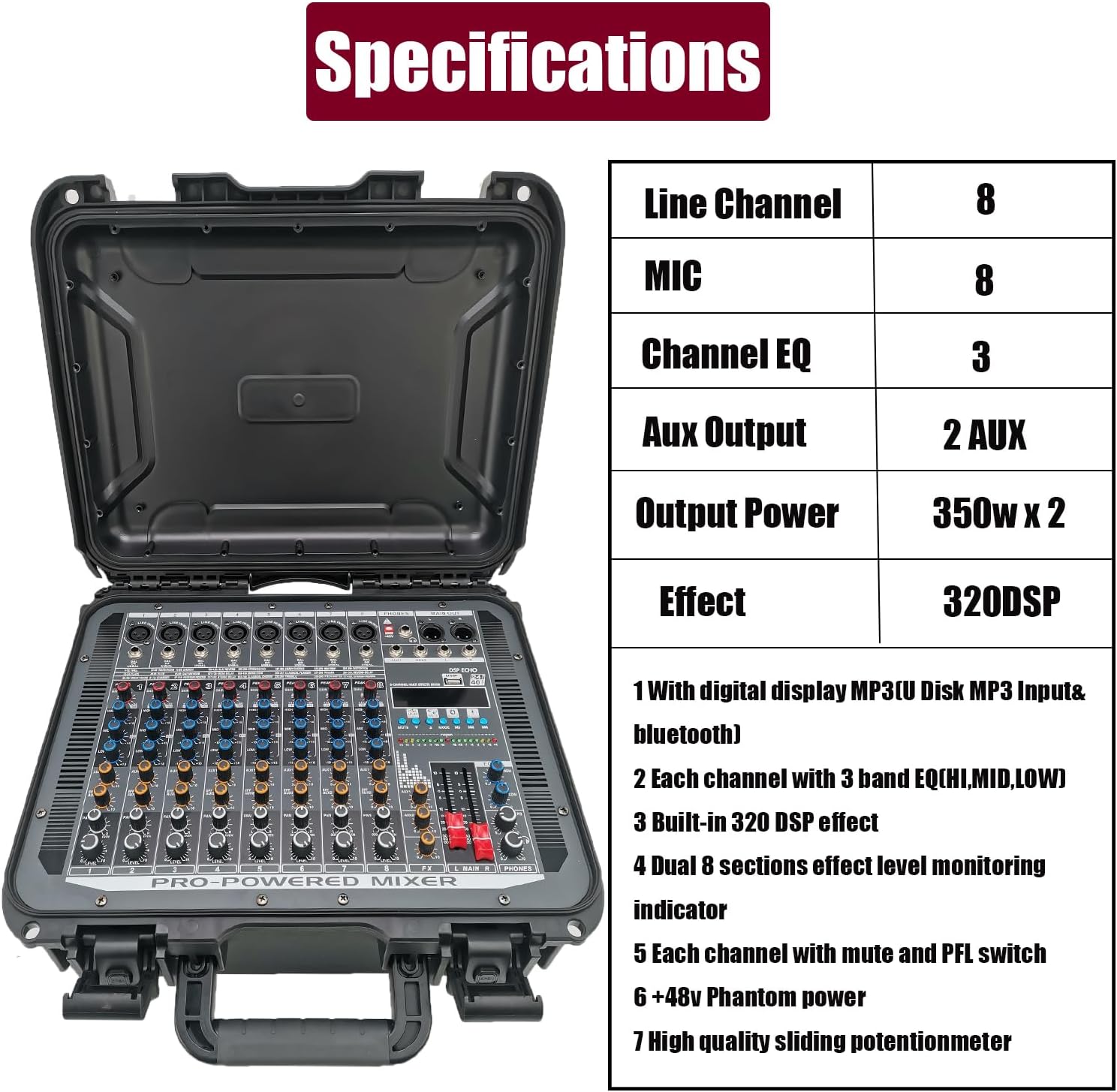 Mixers Audio 8 Channel Mixer Power Mixer Amplifier All-in-one Tool Box 350W*2 High Power 320 DSP Effects Studio Mixer with 48V Phantom Power Audio Set