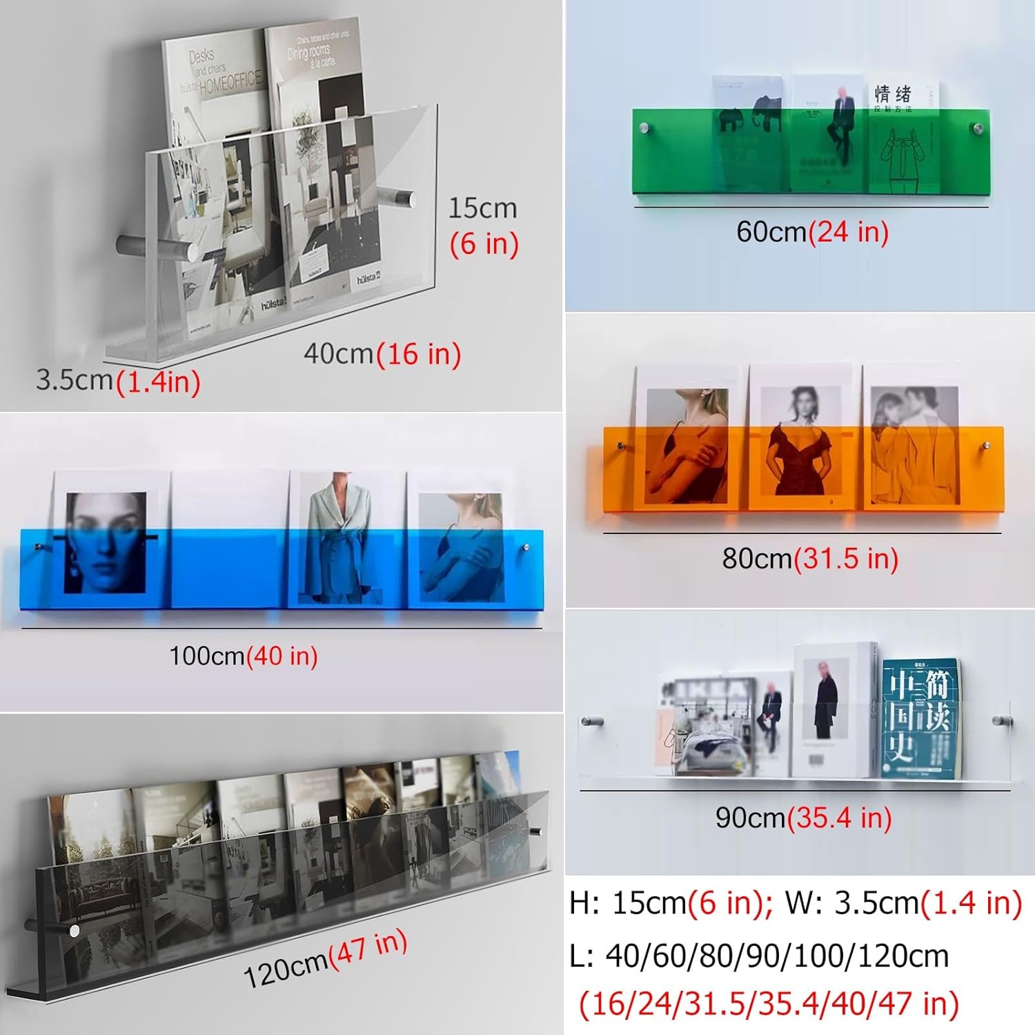 Acrylic Brochure Holder Wall Mount Bookshelf Wall Mount for Kids/Nursery/Corner, 16 24 30 40 47 Inches Heavy Duty Floating Magazine Rack for Office Room/Bedroom/Living Room/Hotel Lobby/Beauty Salon(Or