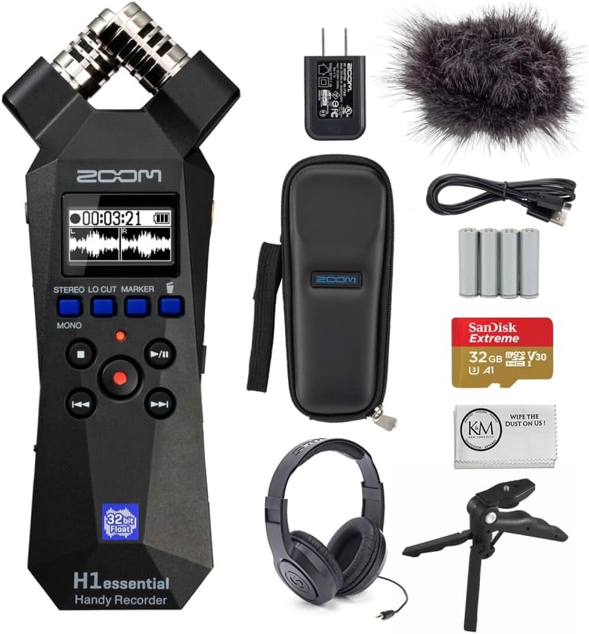 Zoom H1essential 2-Track 32-Bit Float Portable Audio Recorder Bundled with APH-1e Accessory Pack + 32GB Micro-SD Card + Headphones + Tripod + AAA Batteries + Cleaning Cloth (7 Items)