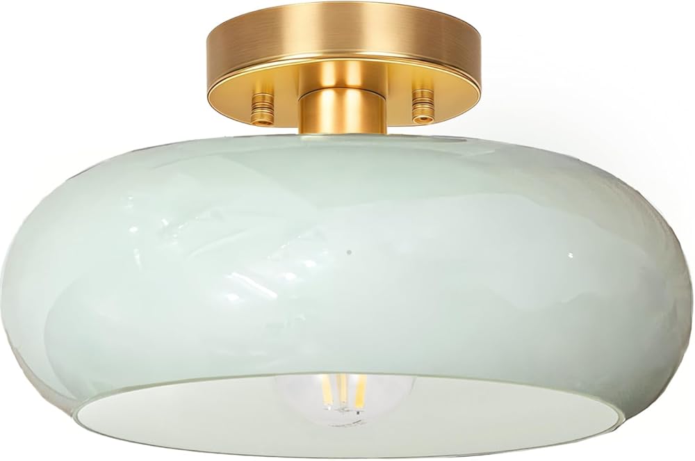 Semi Flush Mount Ceiling Light,11inch Mid Century Modern Light Fixture,Hallway Lighting Fixture with Milk Green Glass Shade,Vintage Ceiling Lamp for Kitchen,Porch,Entryway,Closet