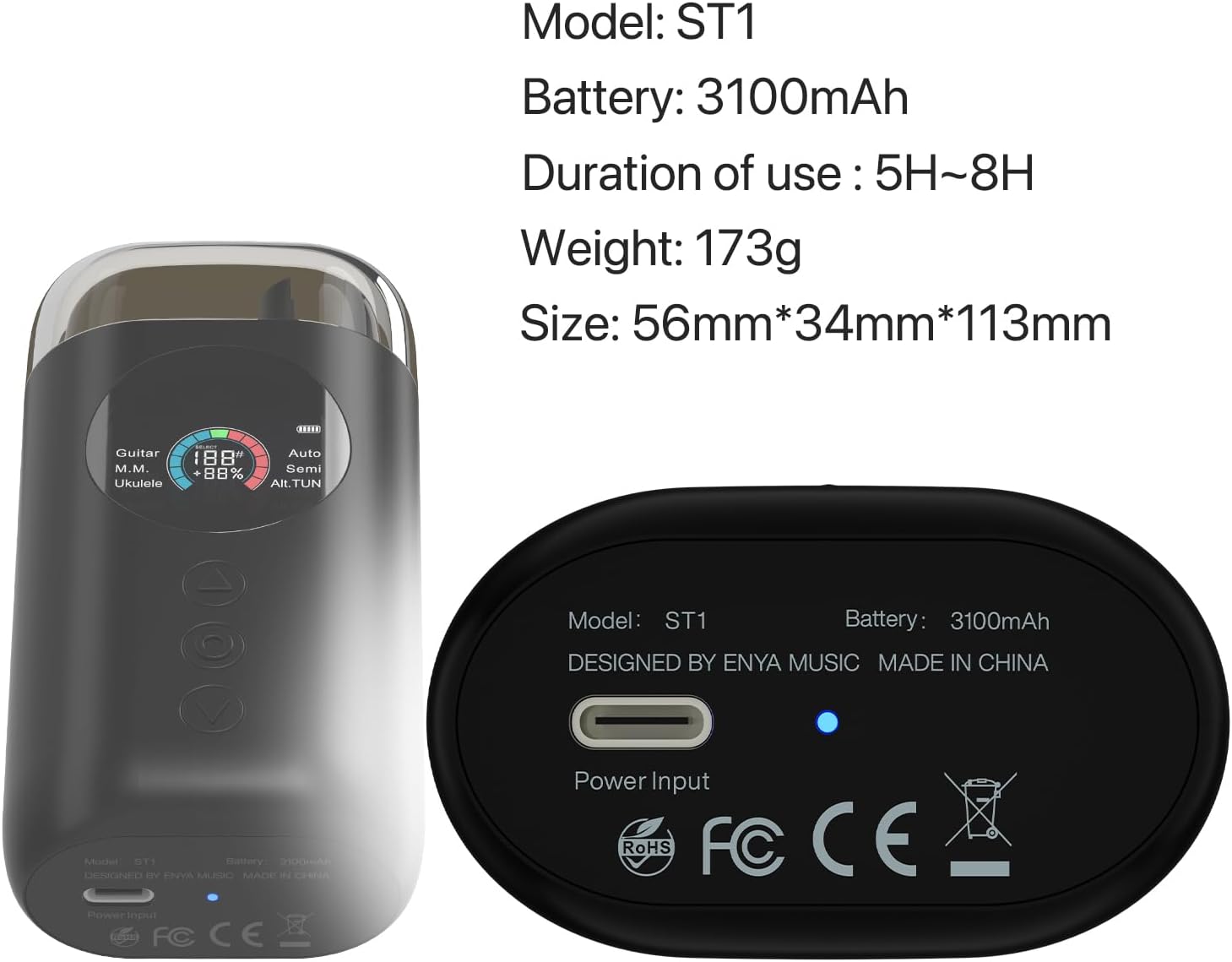 Enya Smart Automatic Guitar Tuner, Full-color LCD Screen - Metronome & String Winder - For Electric Guitars, Acoustic Guitars, Ukulele, Black