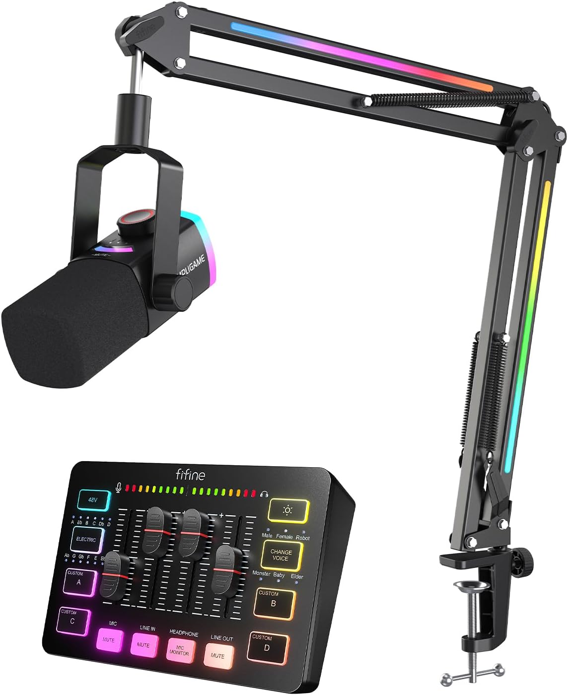 FIFINE Gaming Recording Kit, XLR/USB Dynamic PC Mic with Boom Arm & RGB Mixer, 48V Phantom Power, Tap-to-Mute for Streaming/Podcast(AM8PROT+SC3)