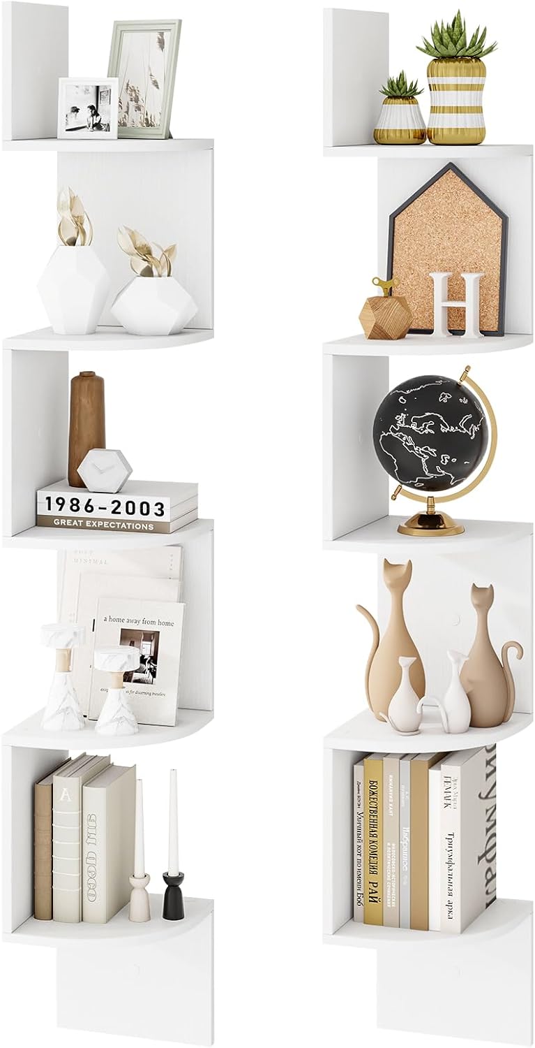 Tangkula 5-Tier Corner Shelf Wall Mount, Farmhouse Floating Corner Bookshelf, Industrial Modern Display Shelf Stand, Wooden Storage Organizer for Living Room Home Office (2, White)