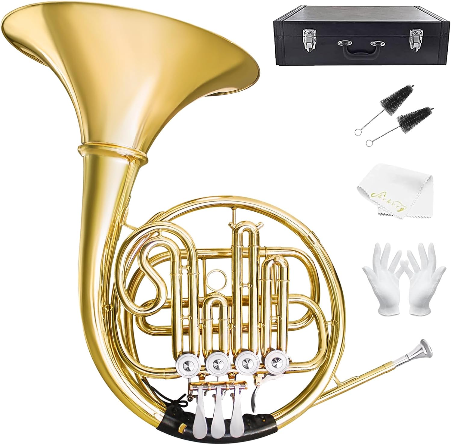 B Flat 4 Key Single Row French Horn - Brass Lacquer Gold Craft French Horn - Includes Musical Instrument Box For Beginners Examinations Professional Performance