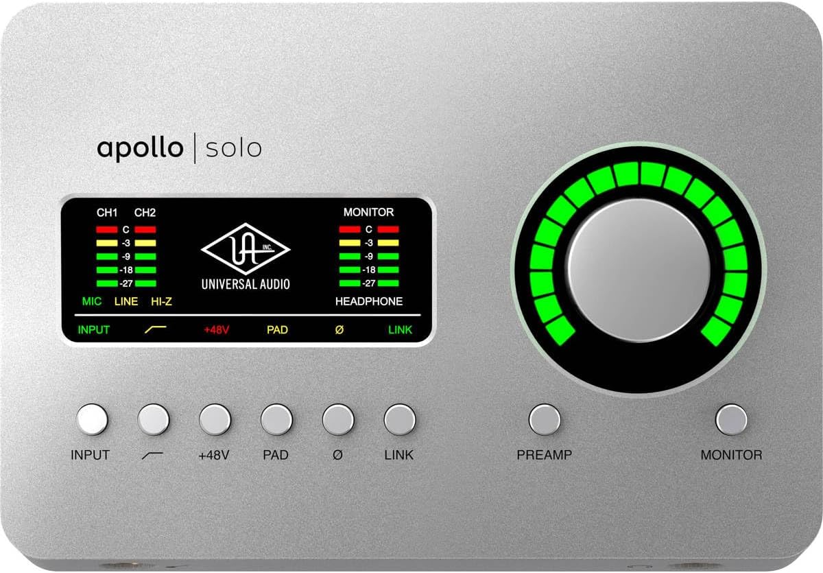 Universal Audio Apollo Solo Heritage Edition Desktop 2x4 Thunderbolt 3 Audio Interface + Broadcast Arm with Internal Springs and Integrated 10' XLR Cable + Closed-Back Studio Monitor Headphones