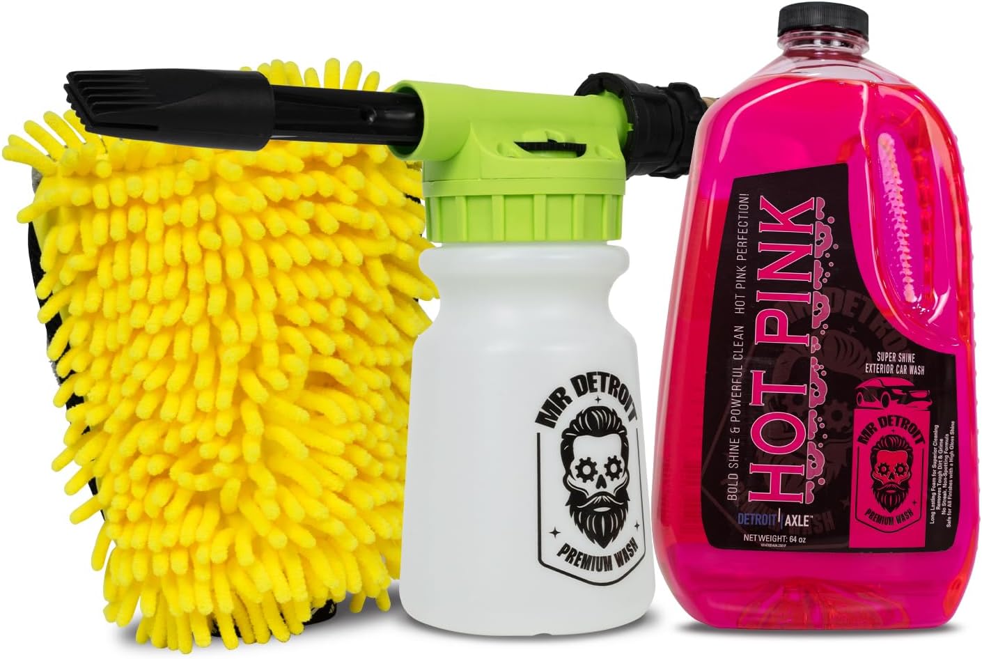 Mr. Detroit - 3pc Car Wash Kit with Foam Blaster, 64oz Car Soap, Chenille Wash Glove, Scratch-Free Cleaning Foam Gun Streak-Free Exterior Cleaner for Auto Cleaning & Home Use