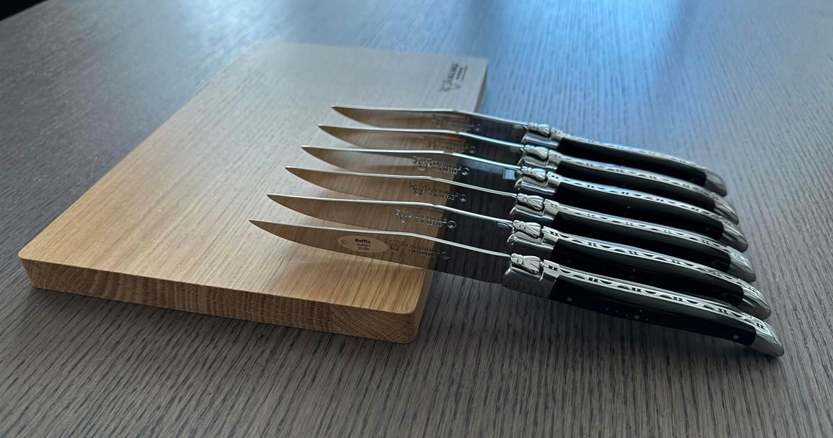 Laguiole en Aubrac Luxury Fully Forged Full Tang Stainless Steel Steak Knives 6-Piece Set with Buffalo Horn Handle, Stainless Steel Polished Bolsters, Made In France