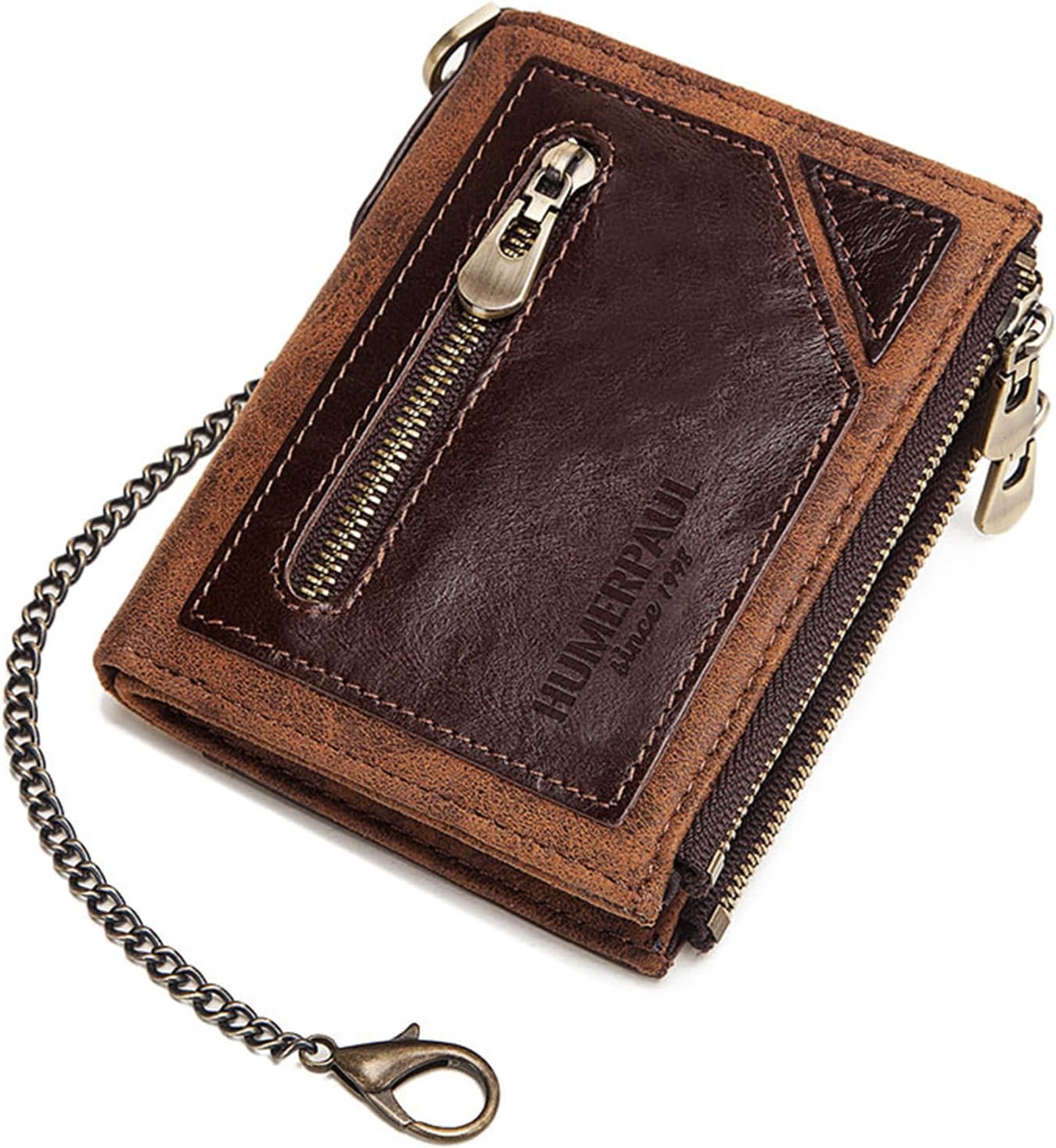 Men Anti-Theft Chain Wallet Genuine Cowhide Leather Vintage Leather Handmade Minimalist RFID Blocking Extra Capacity Snap Double Zipper Coin Pocket with ID Window