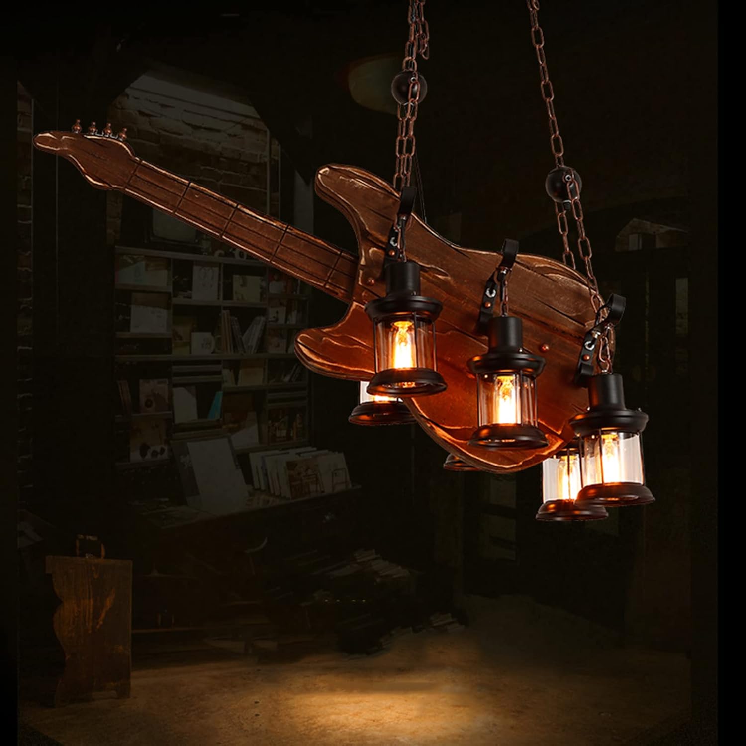 Guitar Wood Droplight,6 Lights Bass Industrial Retro Chaner, Children's Lamp with Spotlight Ceiling Lighting,for Home Office Bedroom Coffee Shop