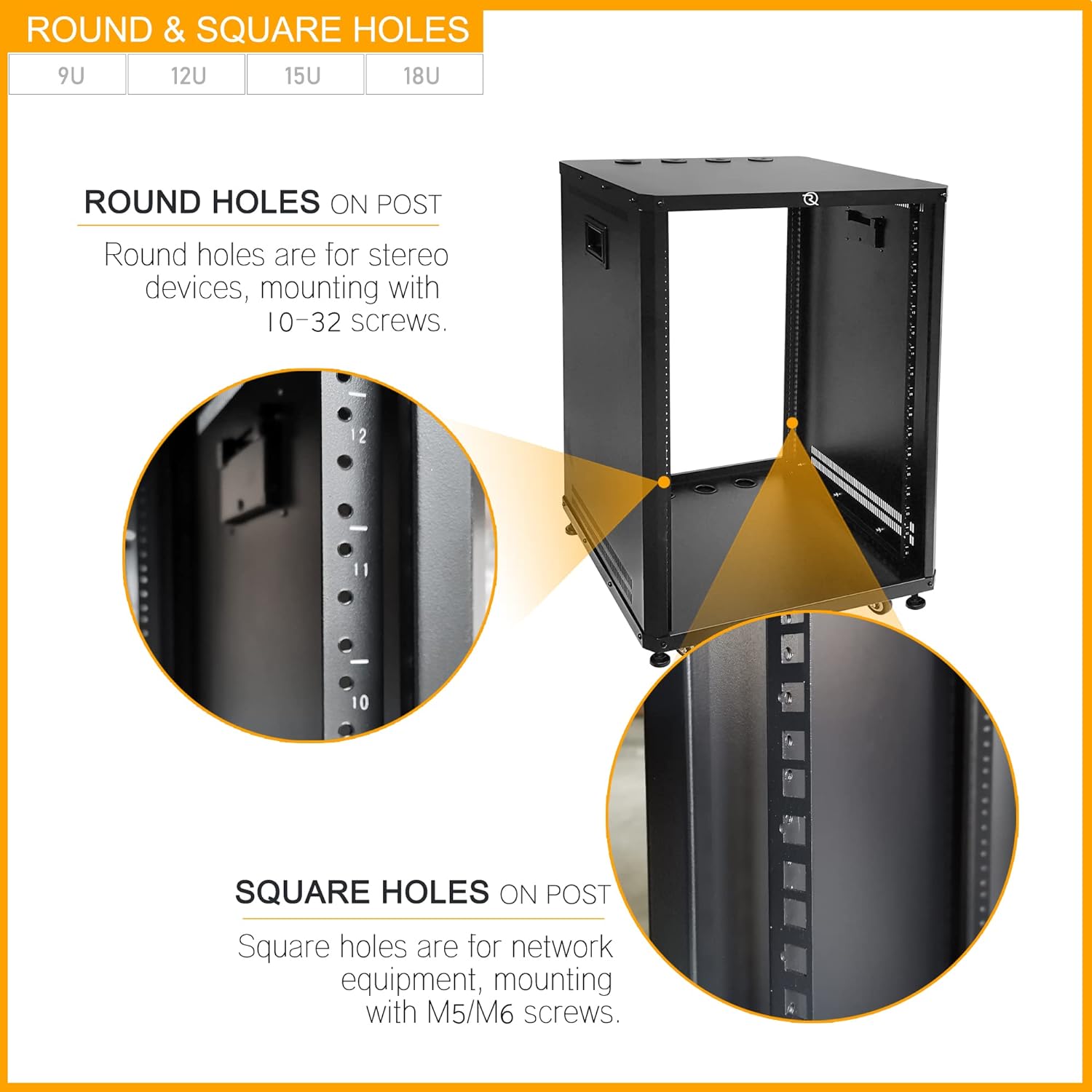 RIVECO 18U Stereo & Server Rack with Caster Wheels, Rolling Network Cabinet, Open Frame Rack for 19-inch Audio Video Music Recording & IT Equipment Lifting Handle & 1U 10