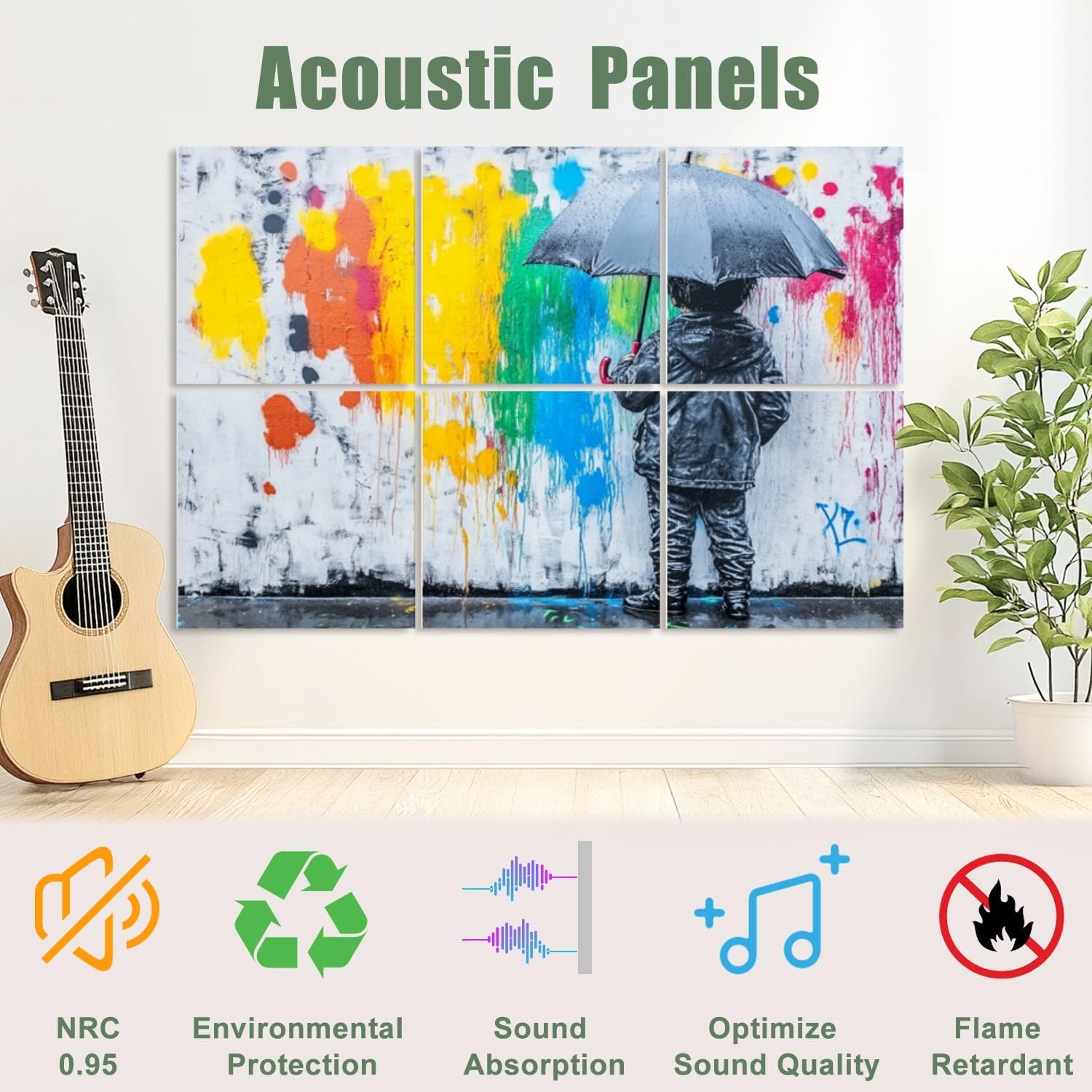 6 Pack Art Acoustic Panels Sound Absorbing Raining Day Colorful Graffiti Street Famous Modern Inspirational Grey Decorative Soundproof Wall Panels Self Adhesive for Recording Studios Office 72