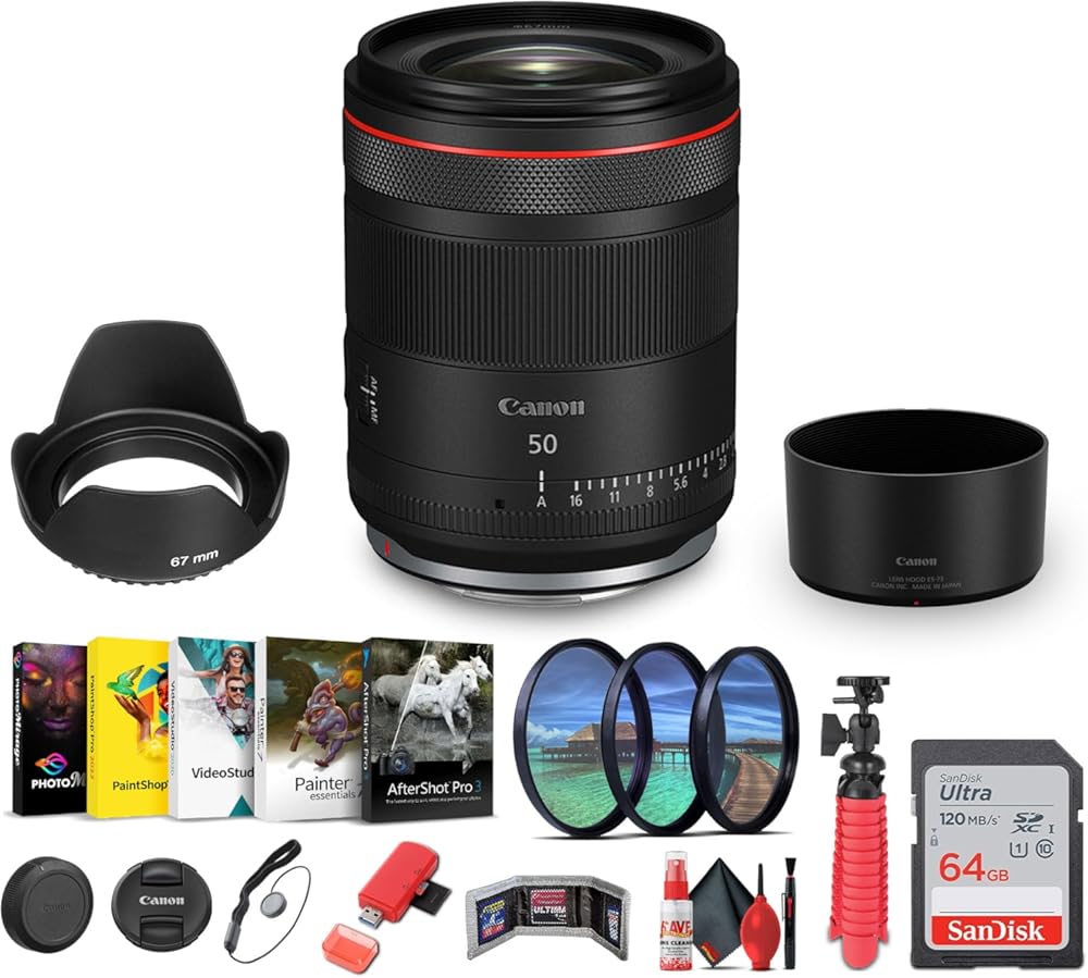 Canon RF 50mm f/1.4 L VCM Hybrid Lens (Canon RF) (6908C002) + Sling Backpack + Photography Software + 64GB Memory Card + Lens Filter Kit + Flexible Tripod + Cleaning Kit + Lens Hood + More (Renewed)